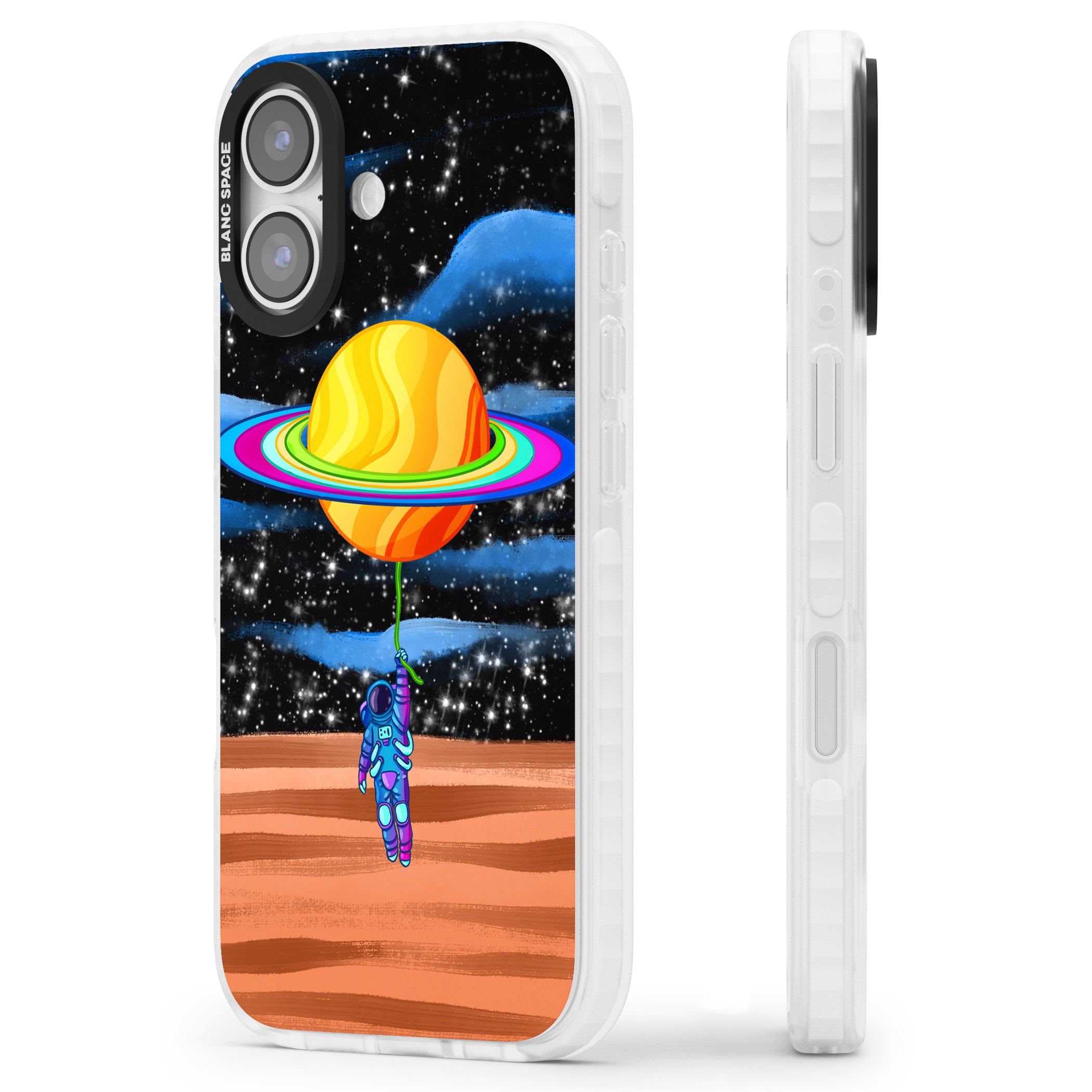 World On Helium iPhone 17 Impact Pro Clear Phone Case Side Profile