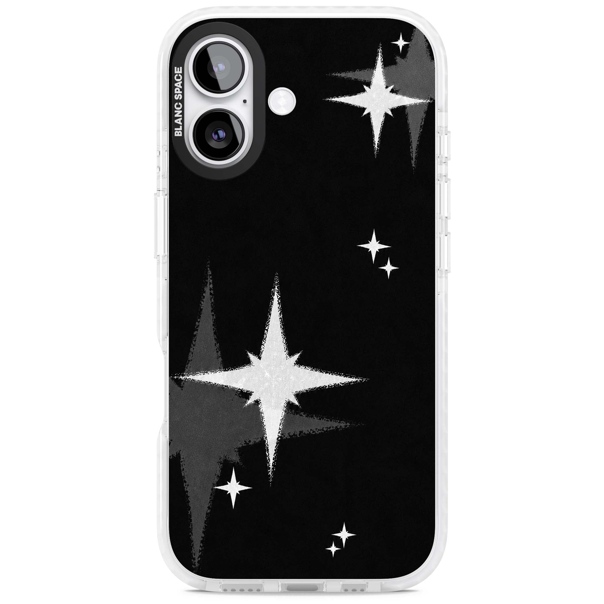 Black Sparkle celestial iPhone case featuring white sparkle stars on a black night sky background | Impact Magsafe case for iPhone 17