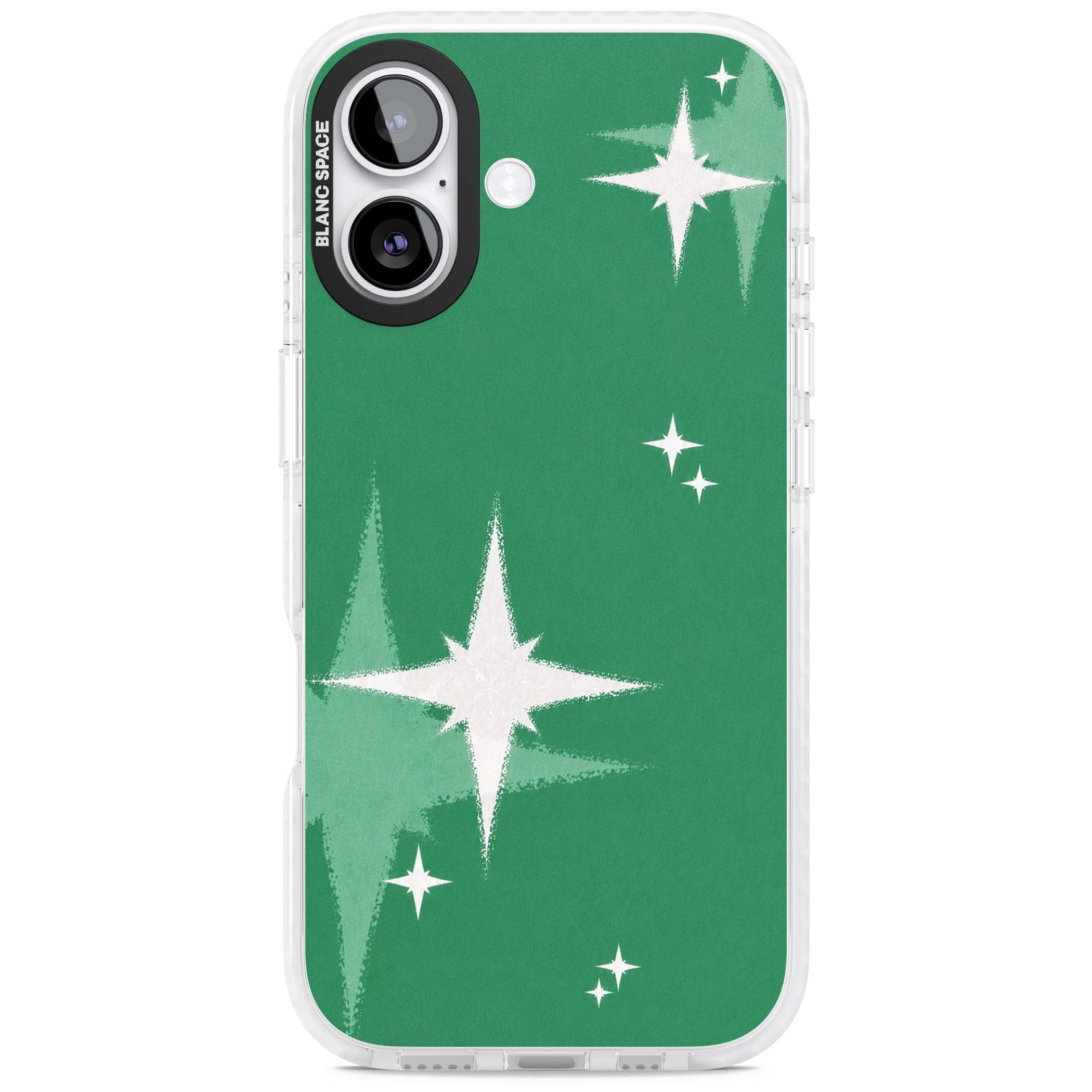 Green Sparkle celestial iPhone case featuring sparkling white four-point stars on a deep green background | Impact Magsafe case for iPhone 17