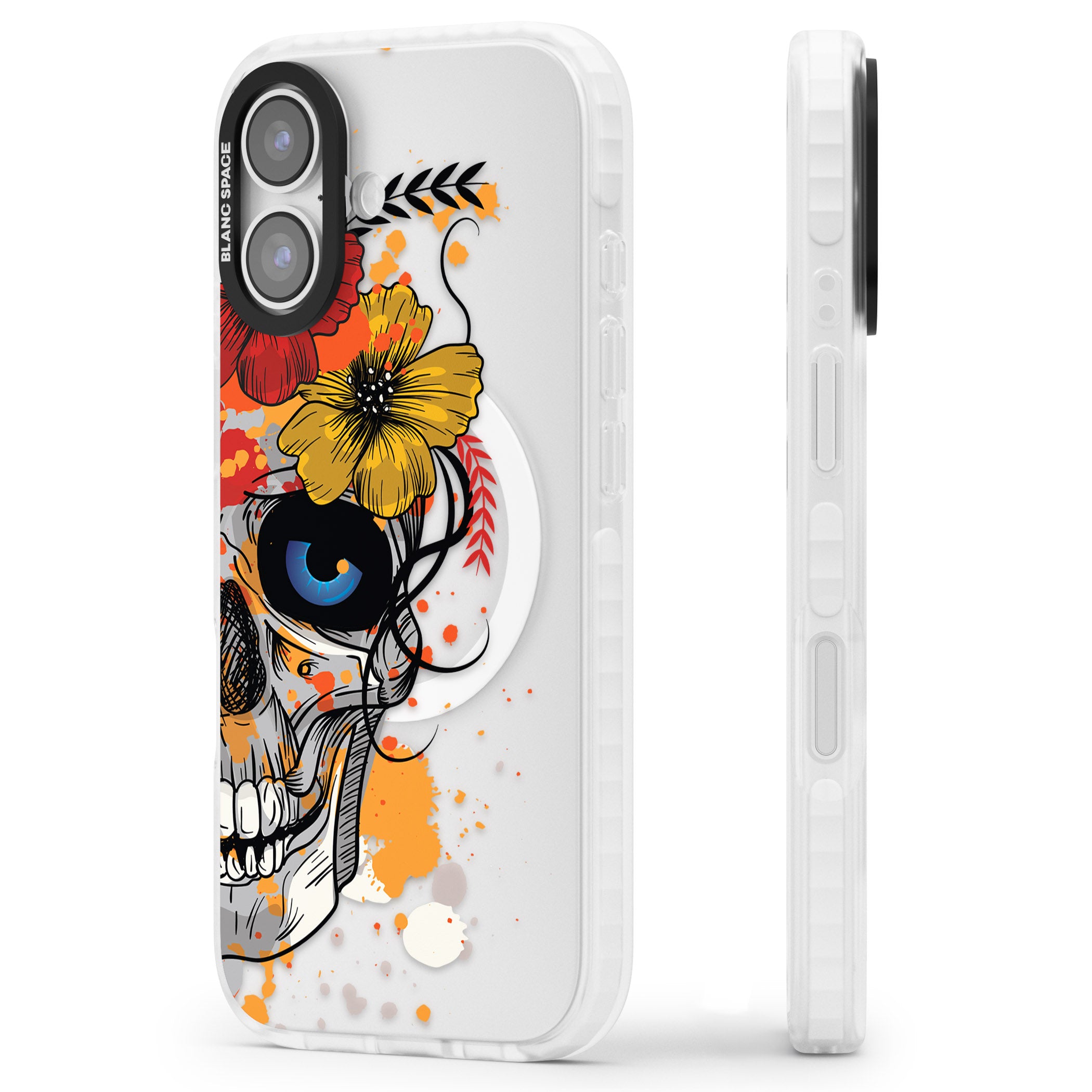 Sugar Skull Flowers iPhone 17 Impact Pro Clear Phone Case Side Profile