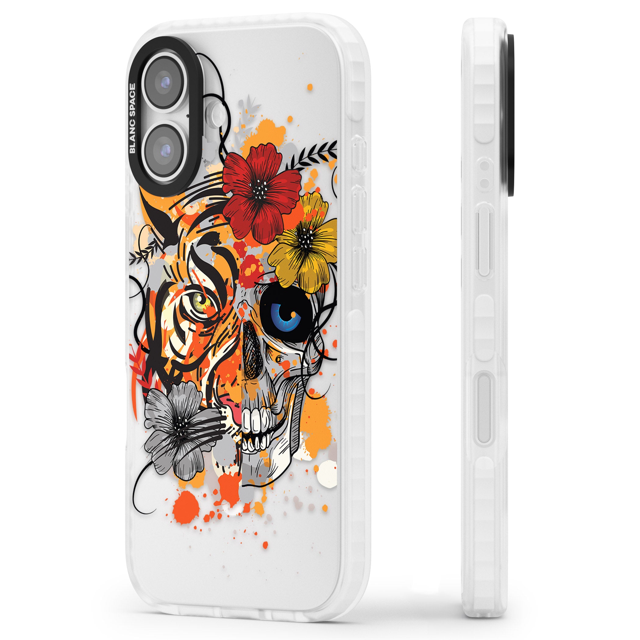 Sugar Skull Tiger Floral iPhone 17 Impact Pro Clear Phone Case Side Profile