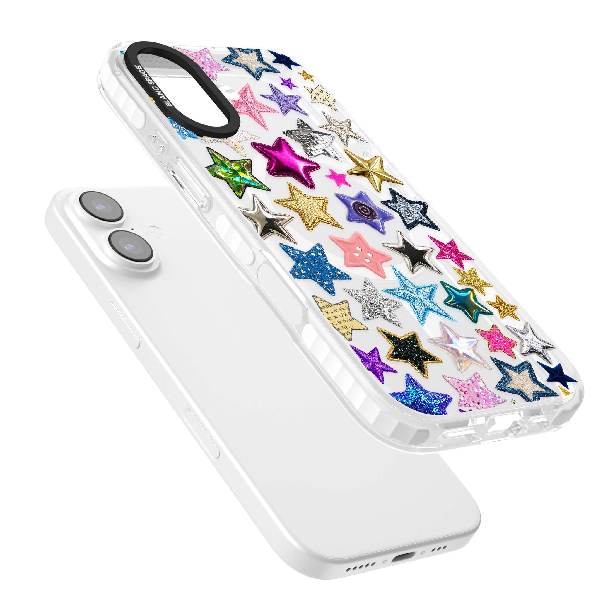 Crafty Star Mix Y2K iPhone case featuring embroidered, sequinned and glitter star patches in rainbow colours | Impact Magsafe case for iPhone 17