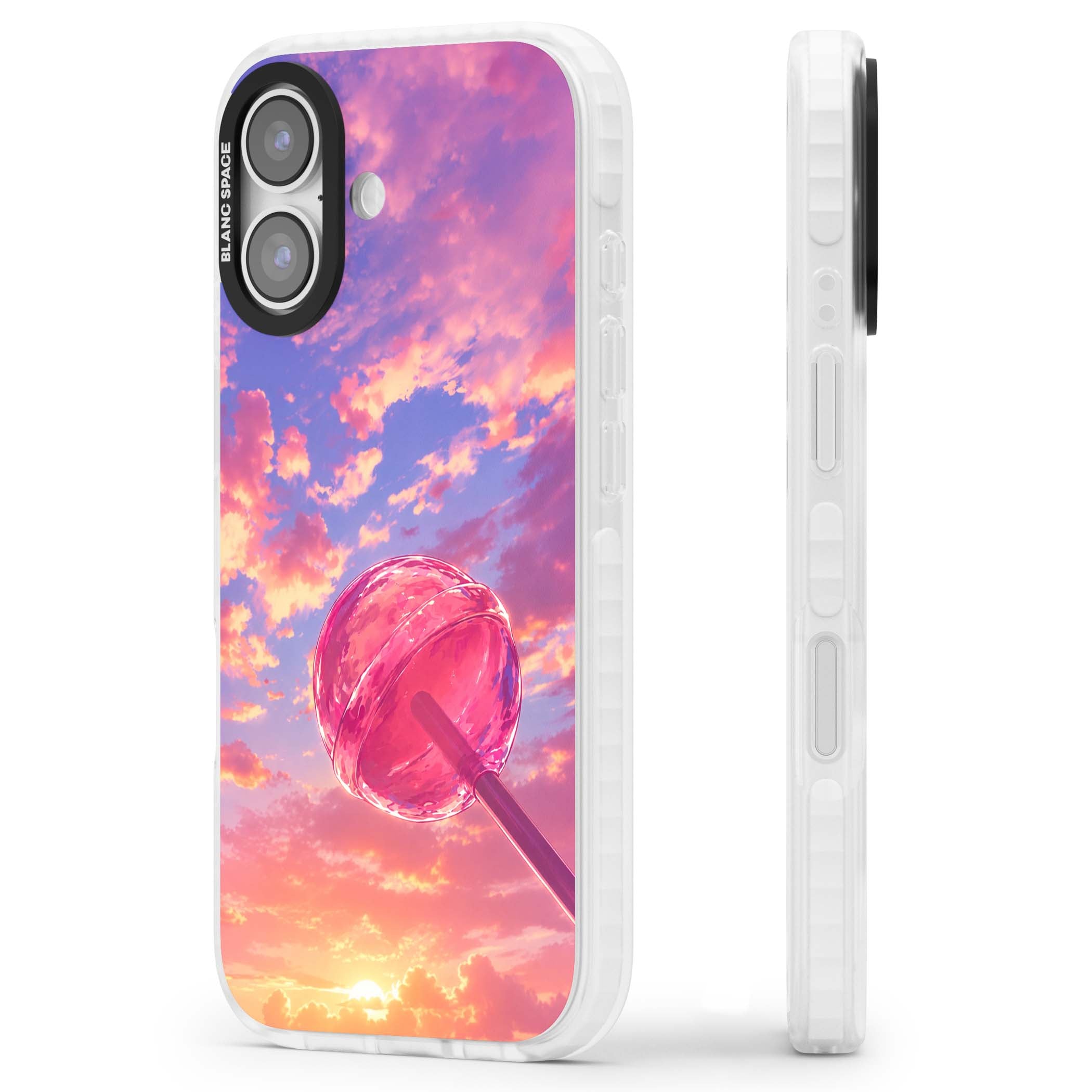 Sugar Sunset candy aesthetic iPhone case featuring a pink lollipop, pastel sunset sky and dreamy clouds | Impact Magsafe case for iPhone 17