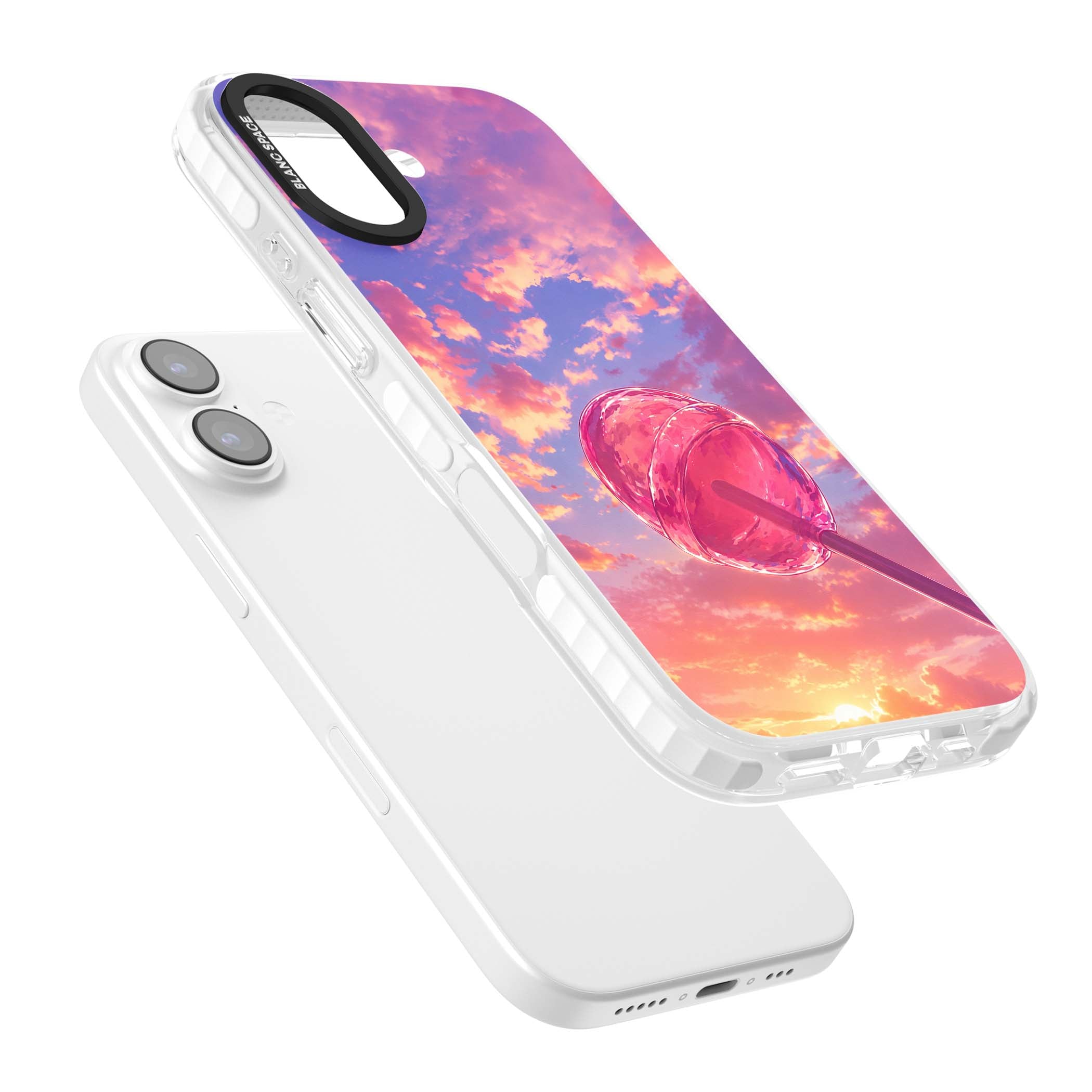 Sugar Sunset candy aesthetic iPhone case featuring a pink lollipop, pastel sunset sky and dreamy clouds | Impact Magsafe case for iPhone 17