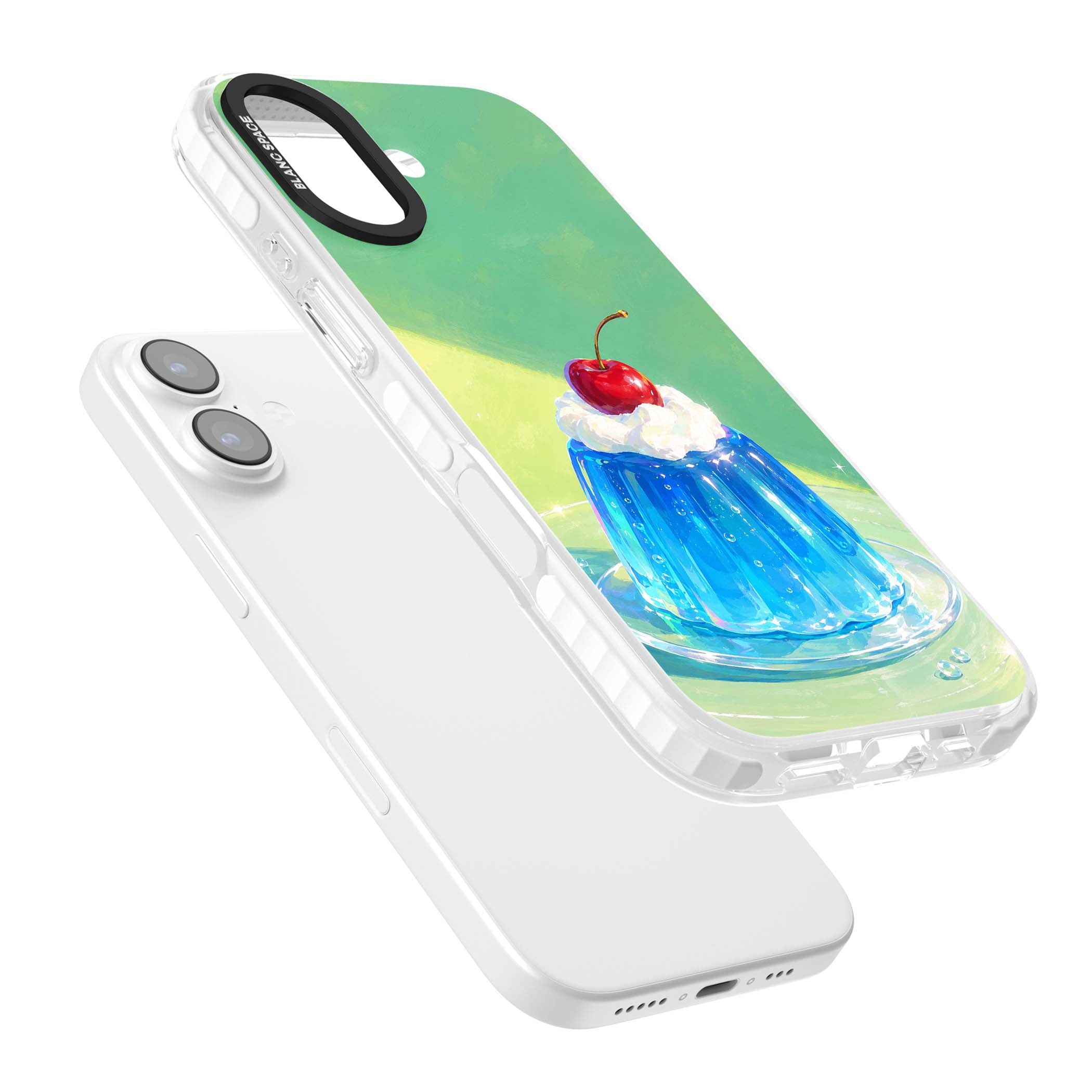 Cherry Jelly kawaii dessert iPhone case featuring blue jelly pudding, whipped cream and a red cherry | Impact Magsafe case for iPhone 17
