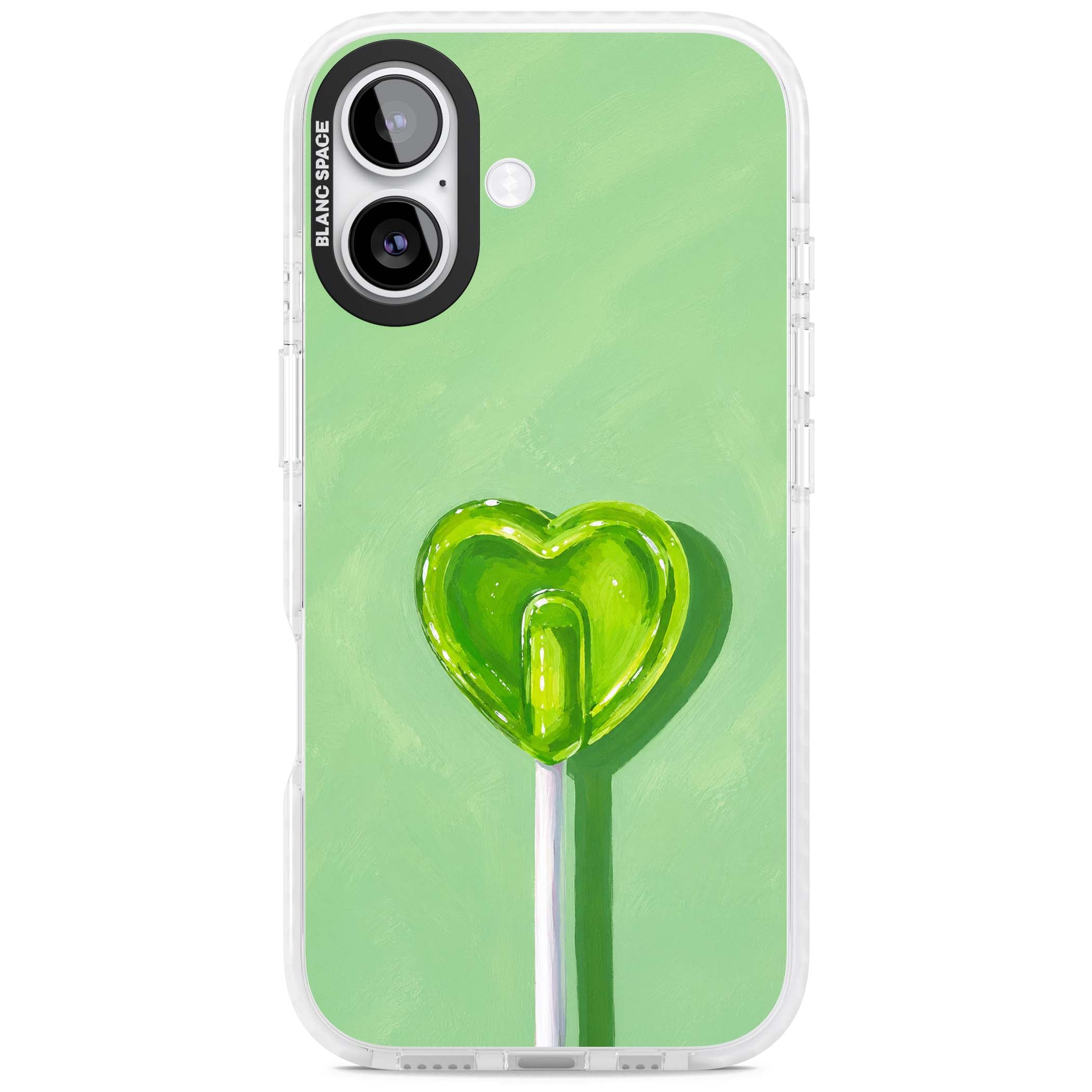 Green Lollipop candy art iPhone case featuring a glossy green heart-shaped lollipop on a painted pastel green background | Impact Magsafe case for iPhone 17