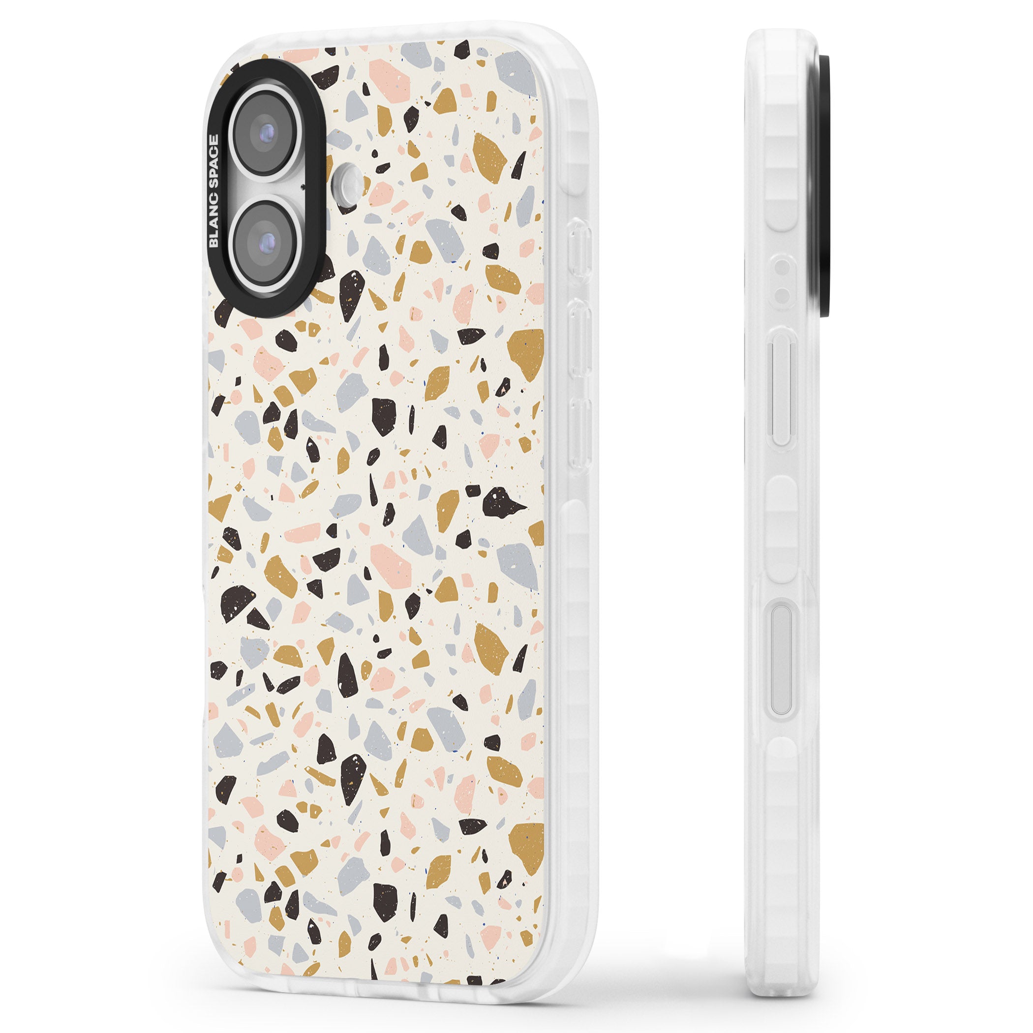 Pale Pink, Blue, & Mocha Terrazzo Pattern iPhone 17 Impact Pro Clear Phone Case Side Profile