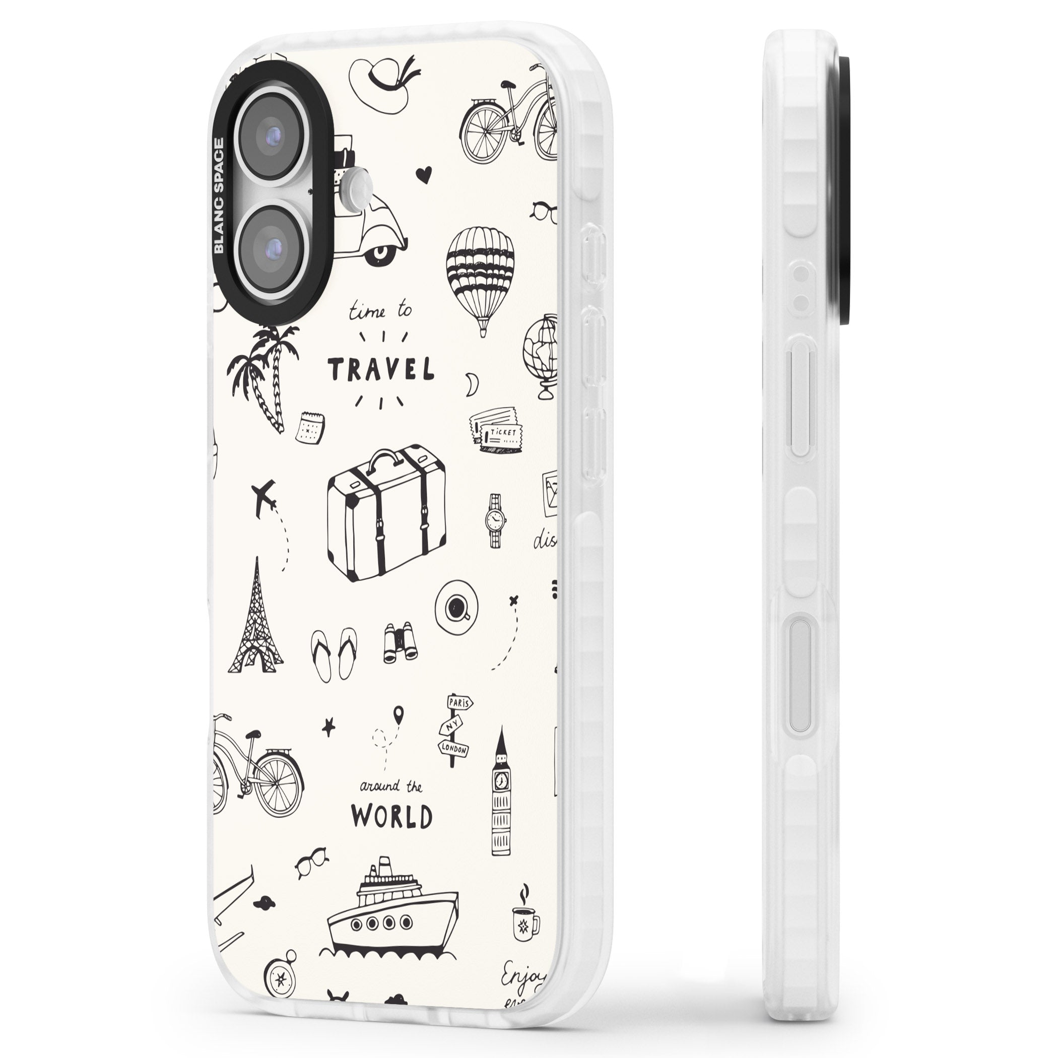 Cute Travel Pattern, White On iPhone 17 Impact Pro Clear Phone Case Side Profile