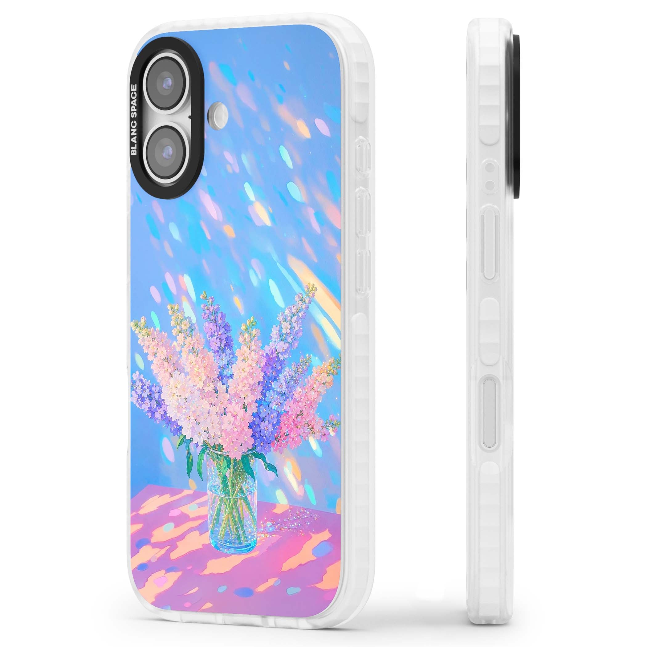 Bubblegum Flowers floral iPhone case featuring pastel lilac and pink bouquet in a glass vase with iridescent light | Impact Magsafe case for iPhone 17