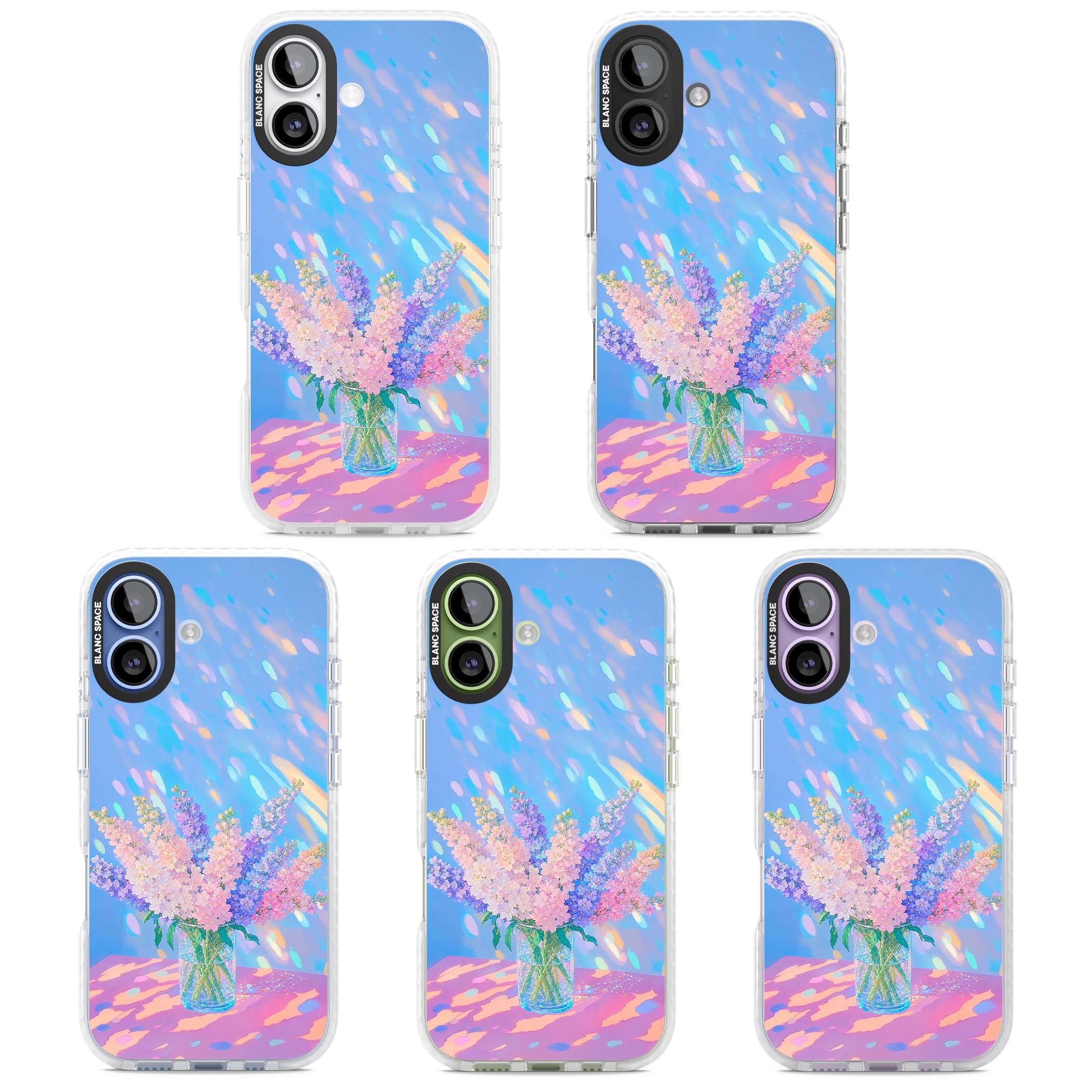 Bubblegum Flowers floral iPhone case featuring pastel lilac and pink bouquet in a glass vase with iridescent light | Impact Magsafe case for iPhone 17