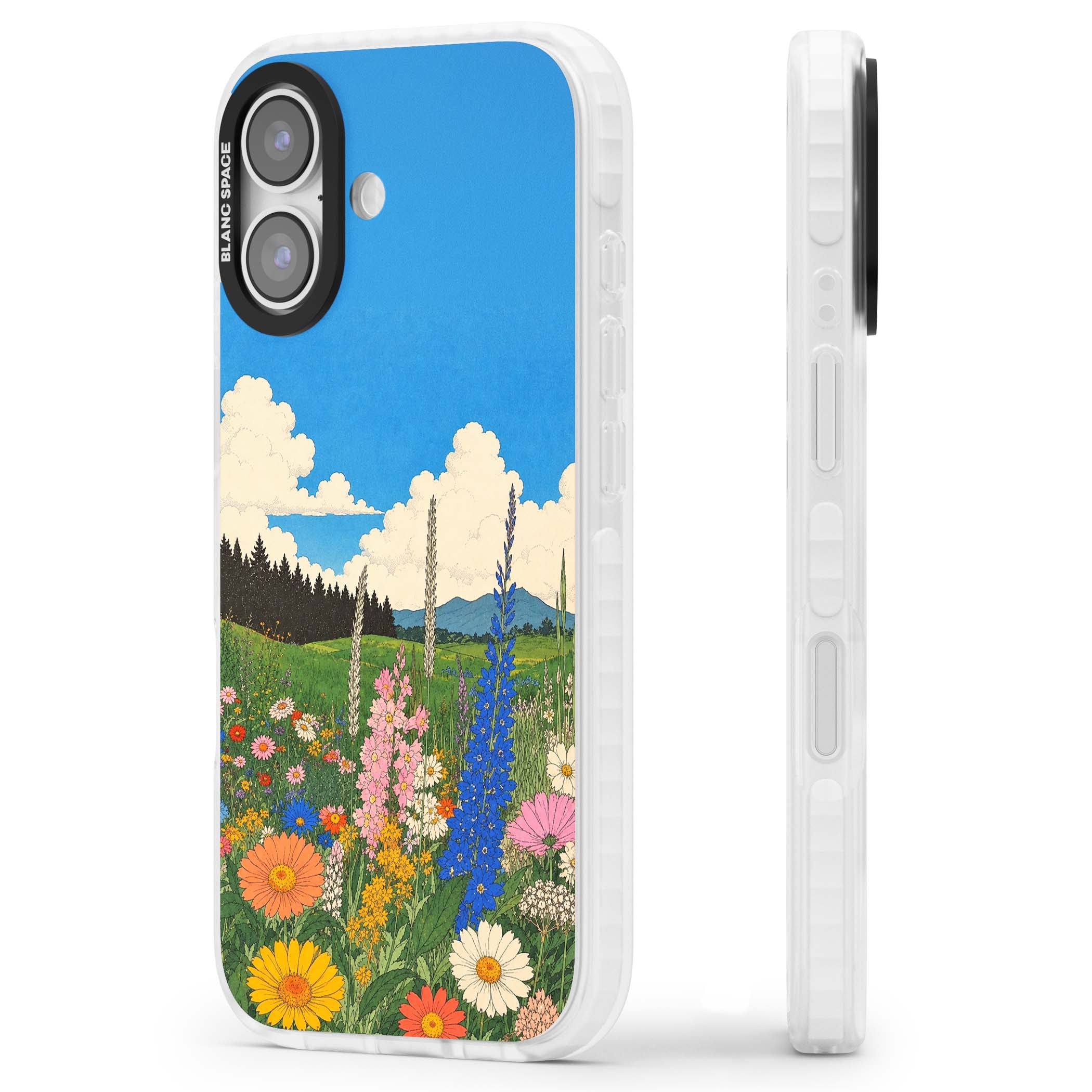 Wildbloom wildflower iPhone case featuring a vintage Japanese-style meadow landscape with daisies, delphiniums and moun | Impact Magsafe case for iPhone 17