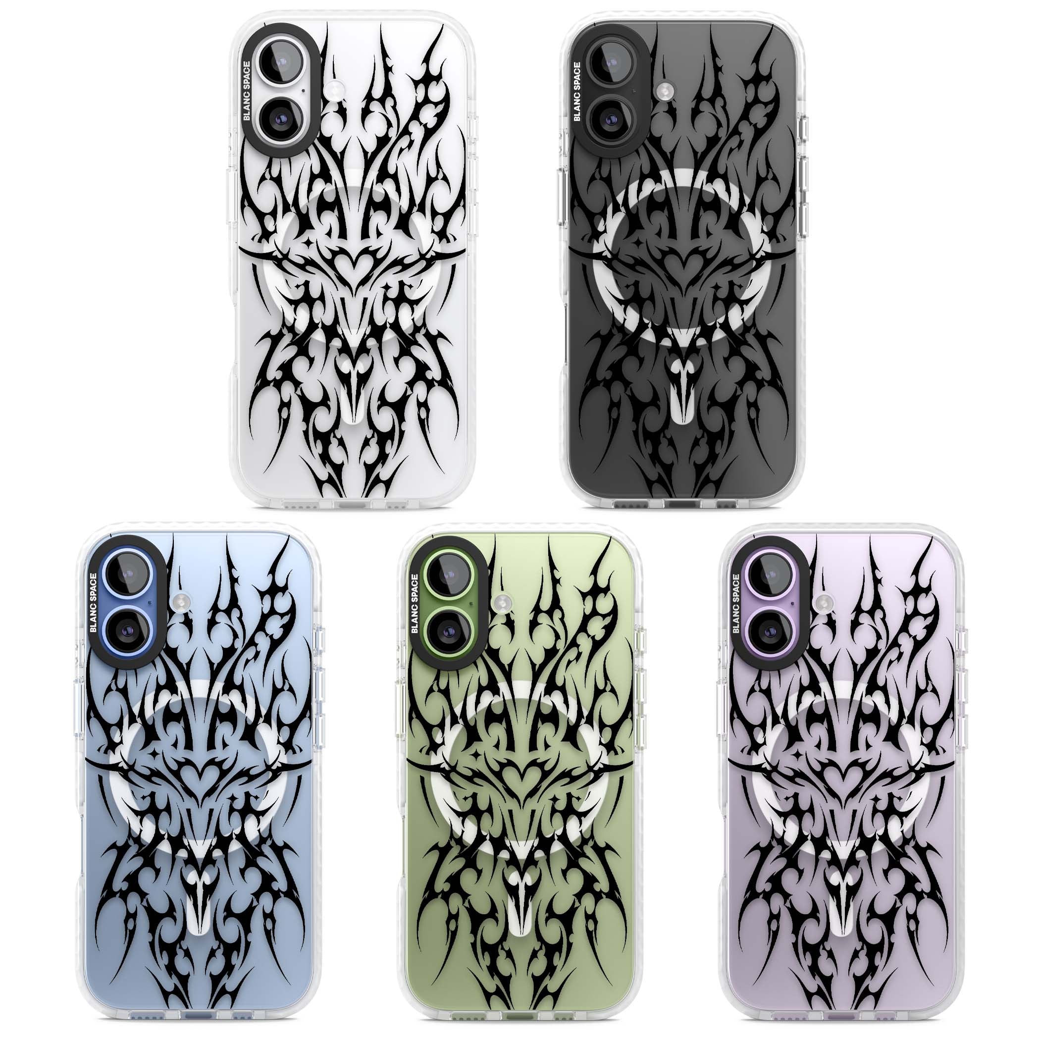Neo Tribal Heart gothic iPhone case featuring symmetrical black tribal tattoo art with sharp thorn-like linework | Impact Magsafe case for iPhone 17