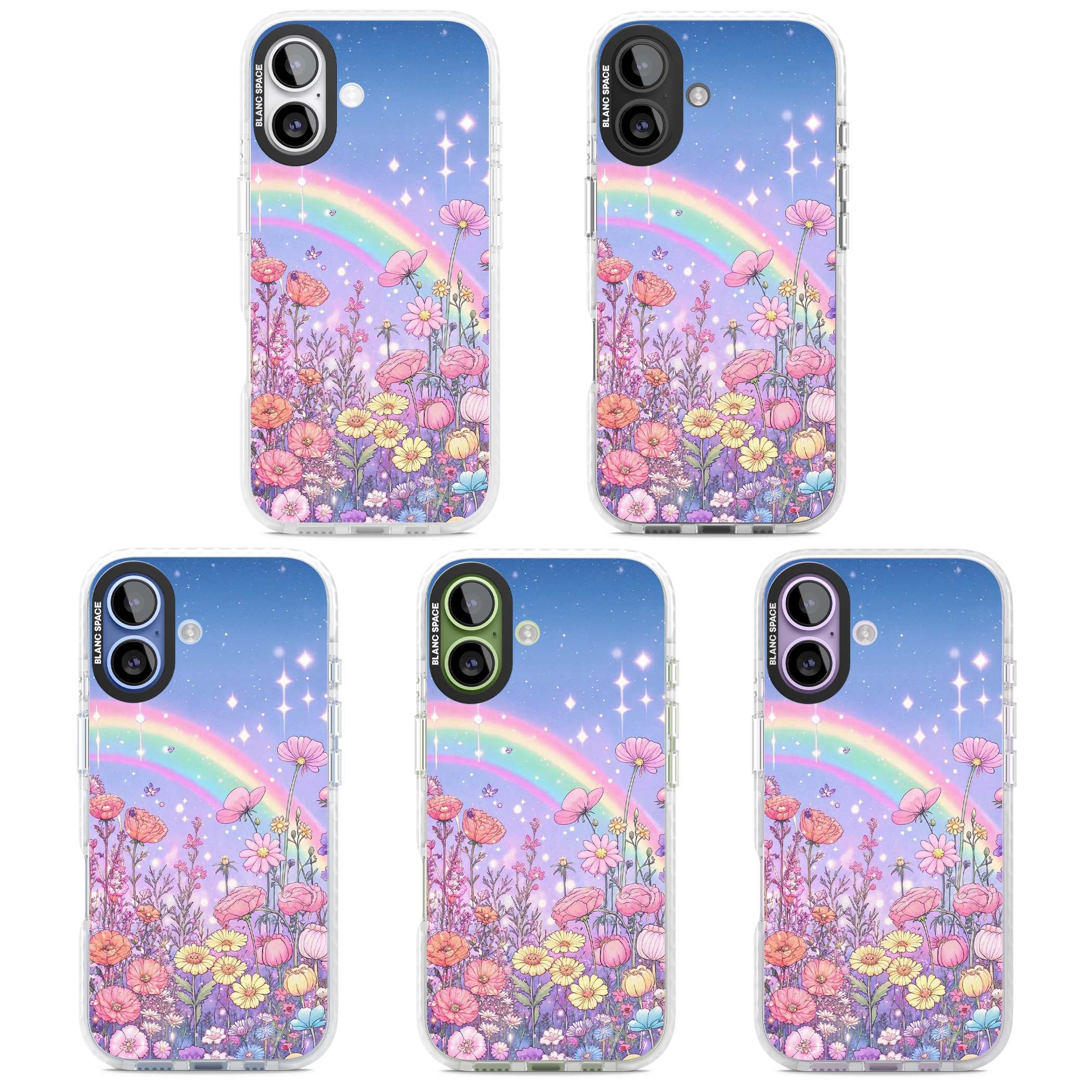 Magical Meadow fairycore iPhone case featuring a pastel rainbow, sparkling stars and a wildflower meadow | Black Impact case for iPhone 17