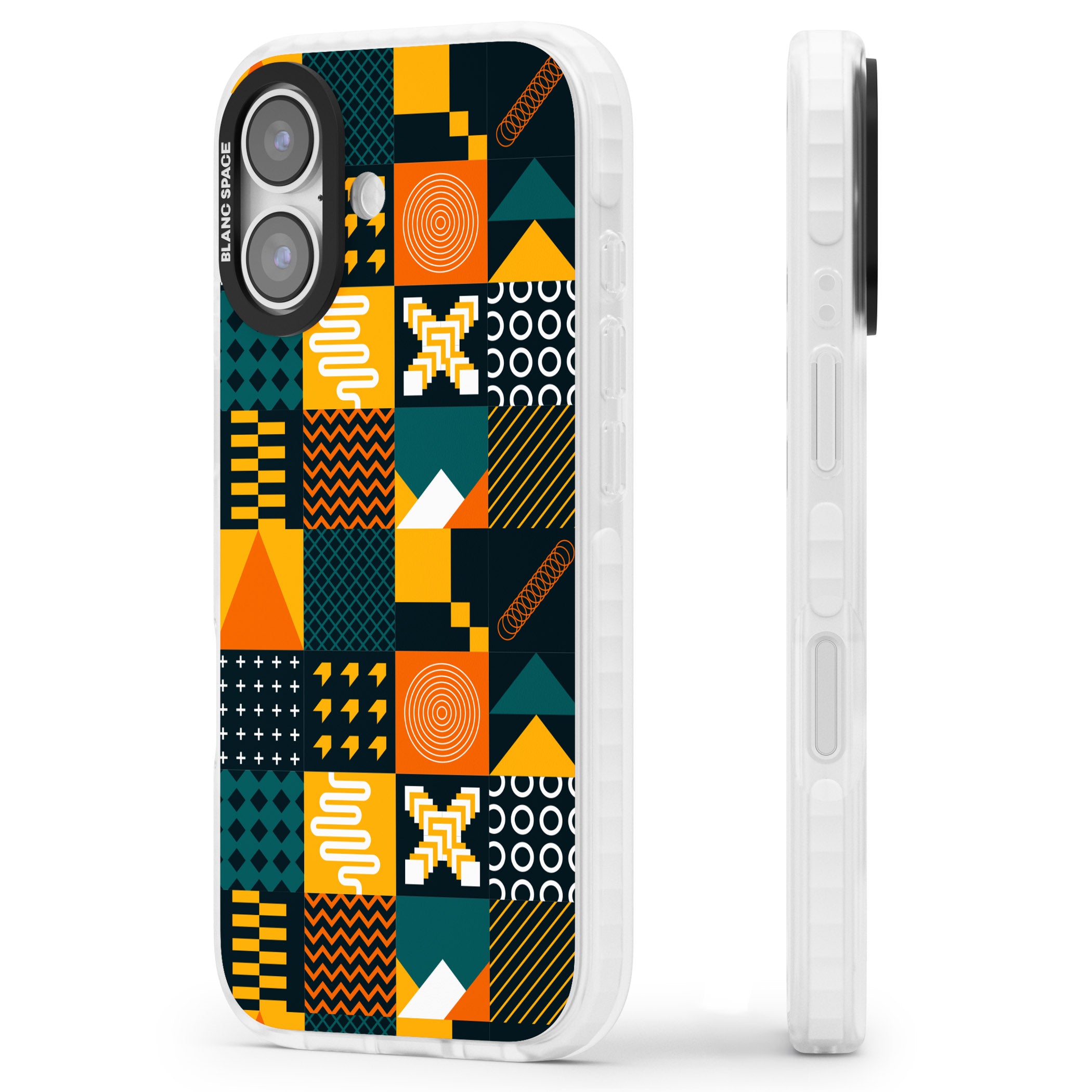 Funky Geometric Patterns: Orange & Dark Green iPhone 17 Impact Clear Phone Case Side Profile