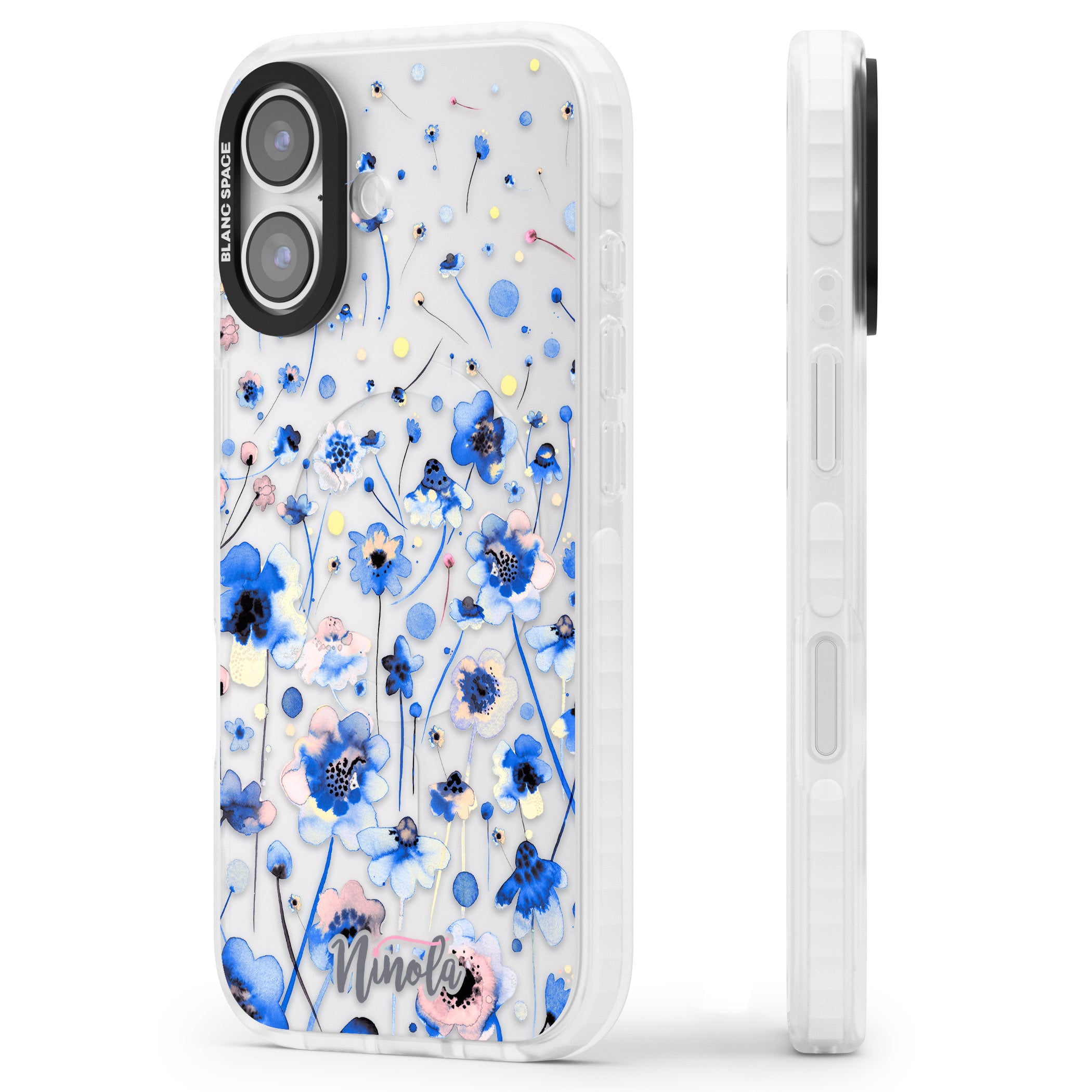 Ink Flowers Blue iPhone 17 Impact Clear Phone Case Side Profile