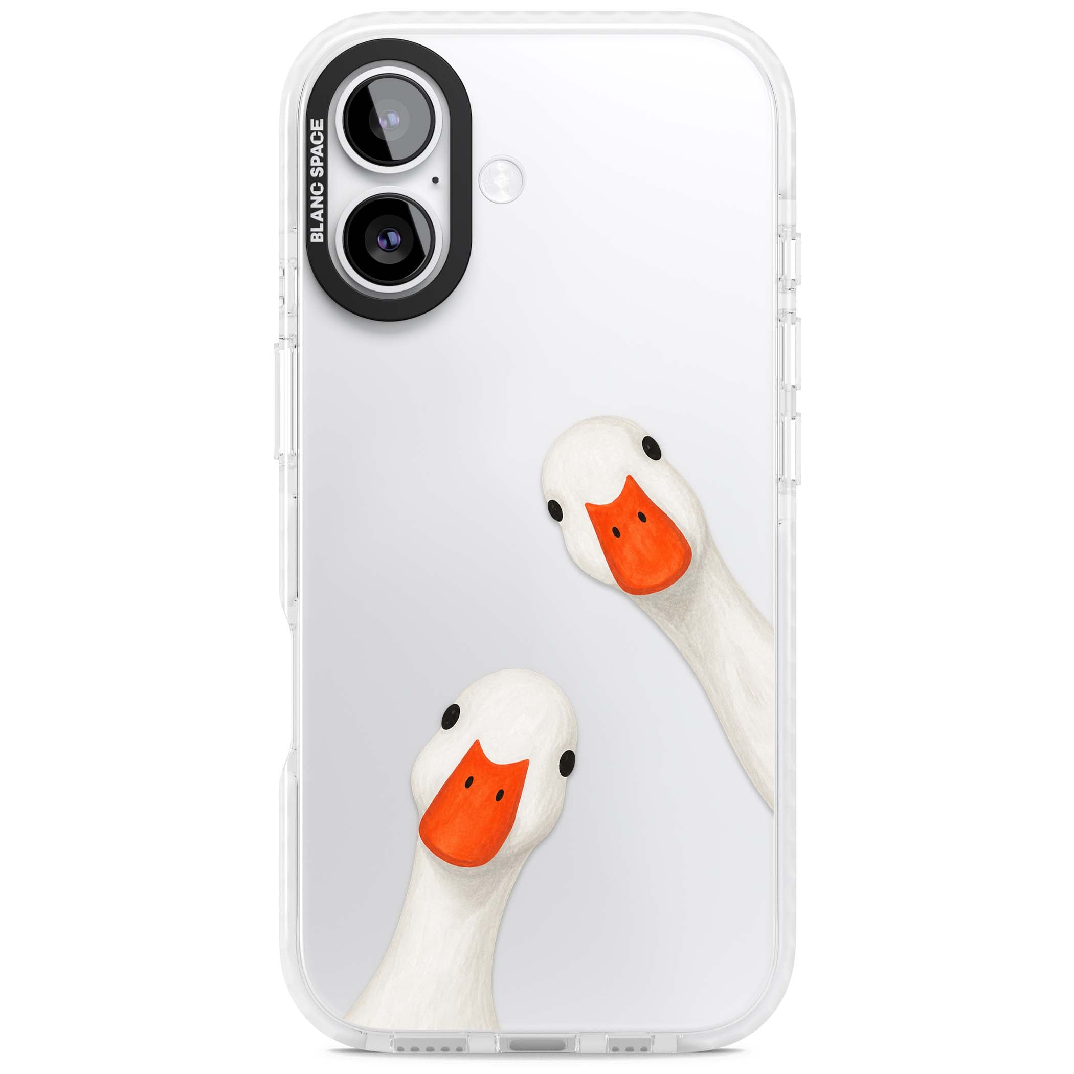 Nosy Ducks cottagecore iPhone case featuring two peeking white ducks with orange beaks on a clear background | Black Impact case for iPhone 17