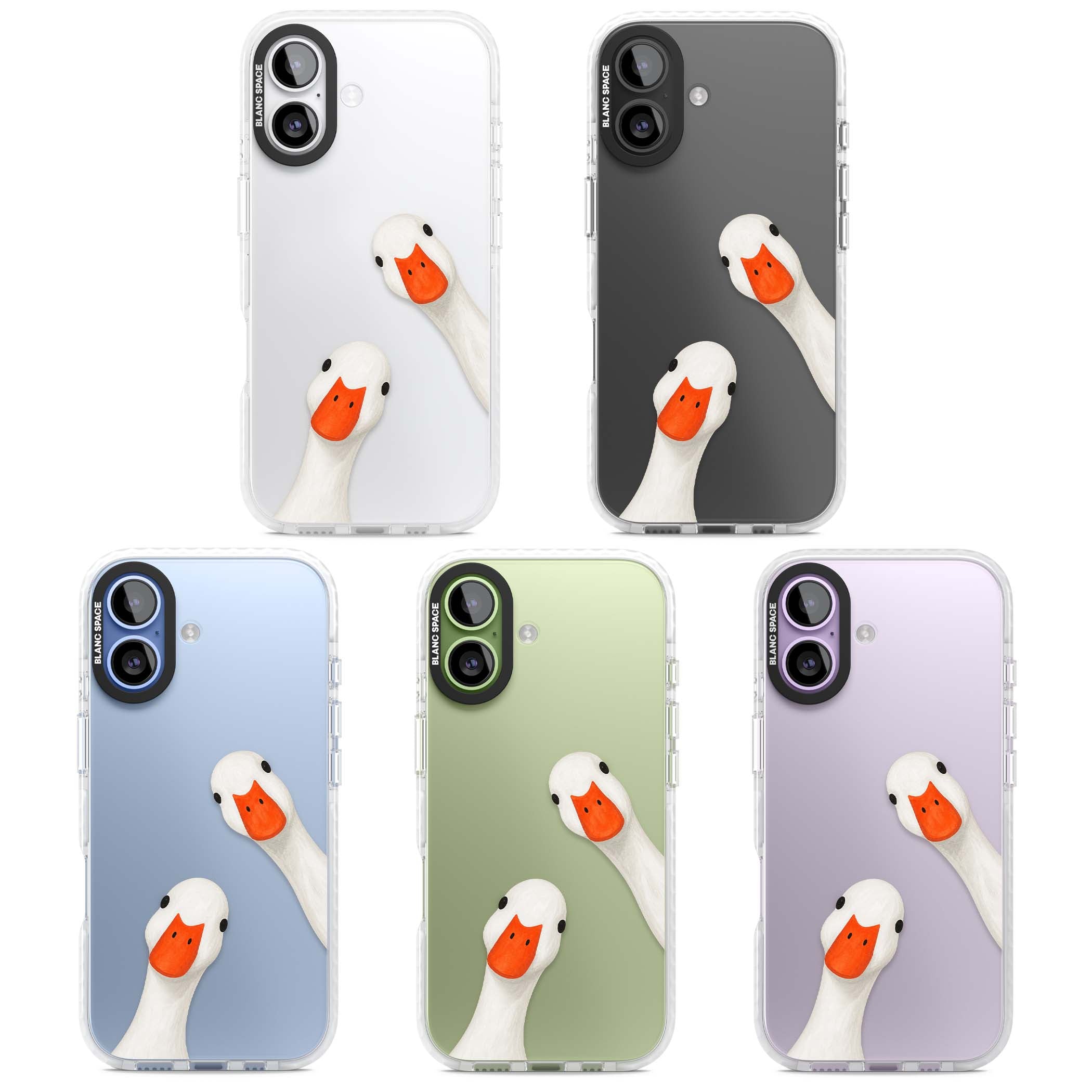 Nosy Ducks cottagecore iPhone case featuring two peeking white ducks with orange beaks on a clear background | Black Impact case for iPhone 17