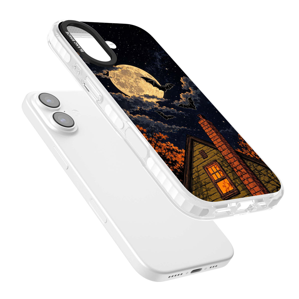 Hollows Eve Halloween iPhone case featuring a haunted house, full moon and flying bats against a starry autumn sky | Black Impact case for iPhone 17
