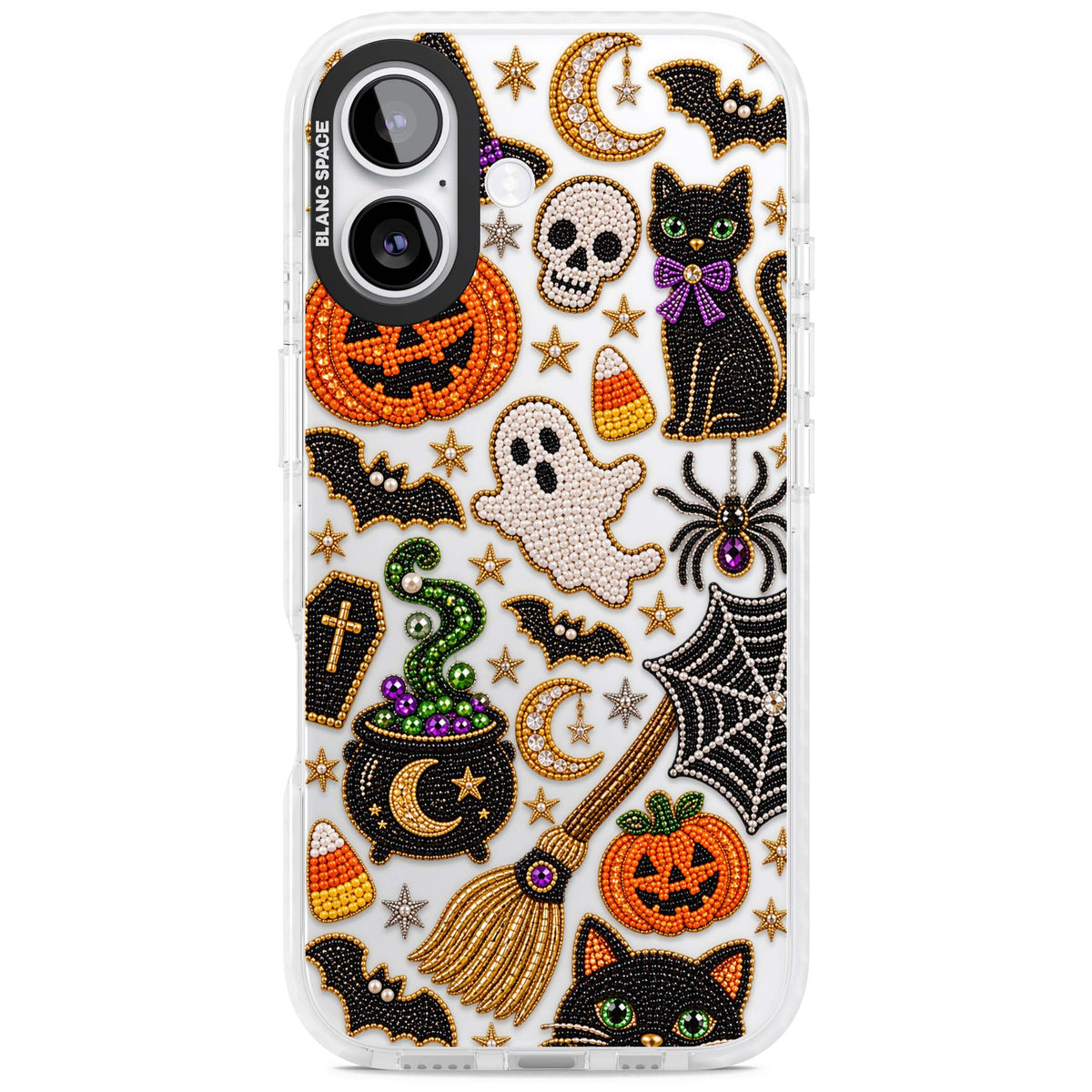 Beaded Halloween Halloween iPhone case featuring beaded pumpkins, ghosts, black cats and bats | Black Impact case for iPhone 17
