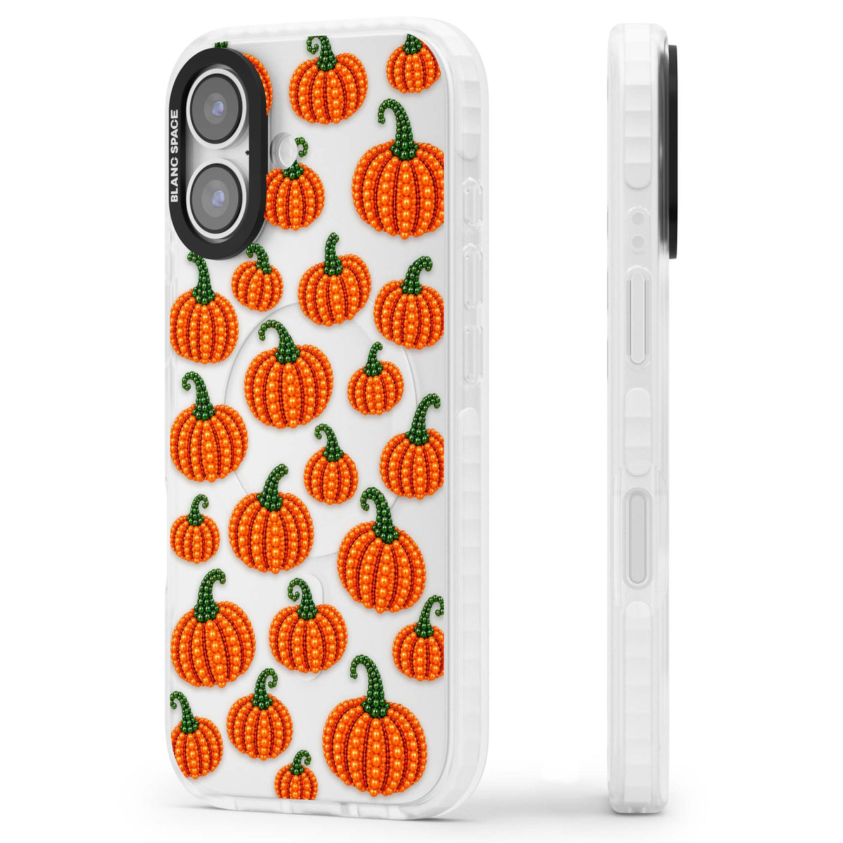 Beaded Pumpkins halloween iPhone case featuring beaded orange pumpkins with green stems on a clear background | Black Impact case for iPhone 17