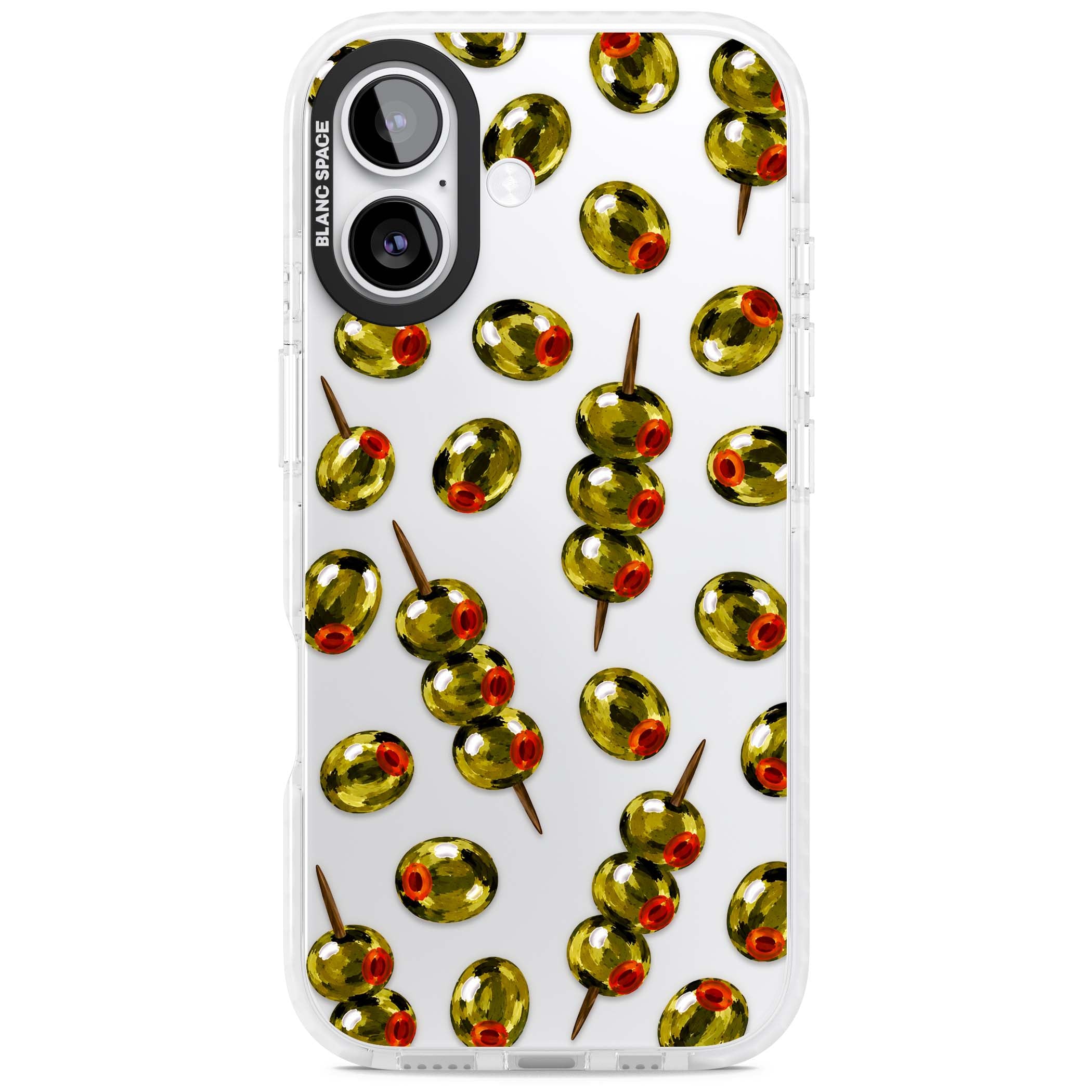 Painted Olives cocktail iPhone case featuring green olives, pimento centres and toothpick skewers on a clear background | Black Impact case for iPhone 17