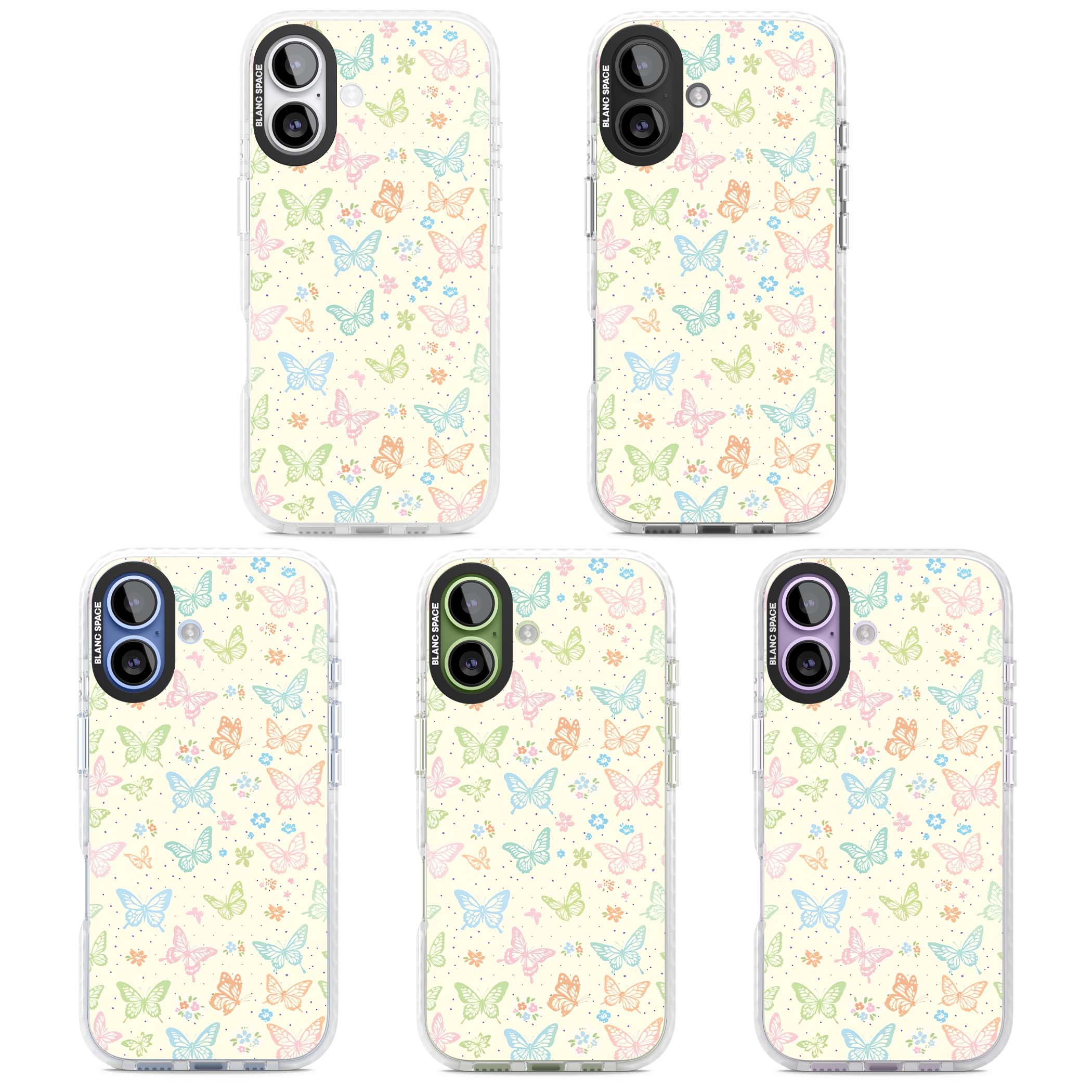 Sugar Wings cottagecore iPhone case featuring rainbow pastel butterflies, tiny wildflowers, and a cream background | Black Impact case for iPhone 17