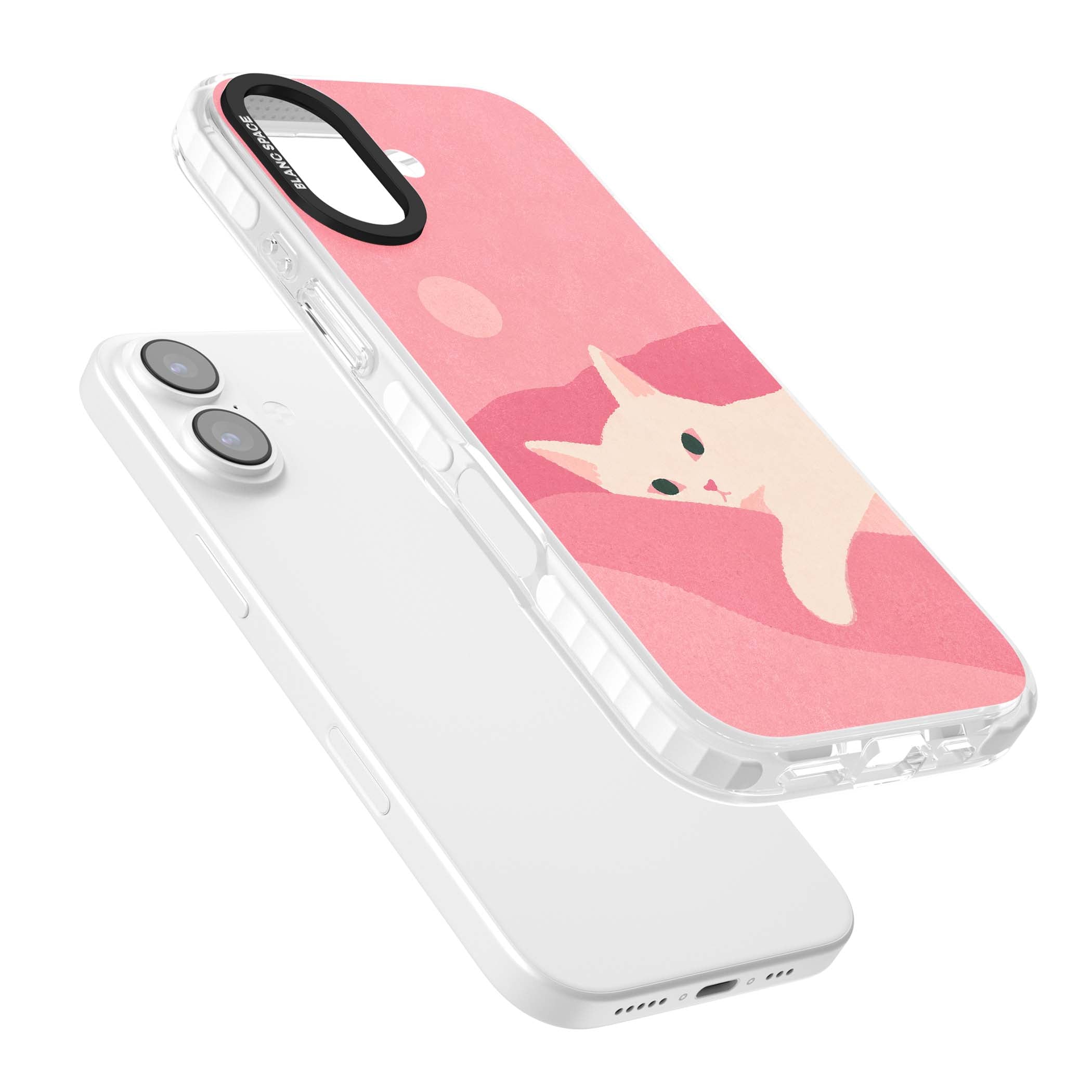 Pink Dreams cute cat iPhone case featuring a white kitten, soft pink hills and a pale pastel sun | Black Impact case for iPhone 17