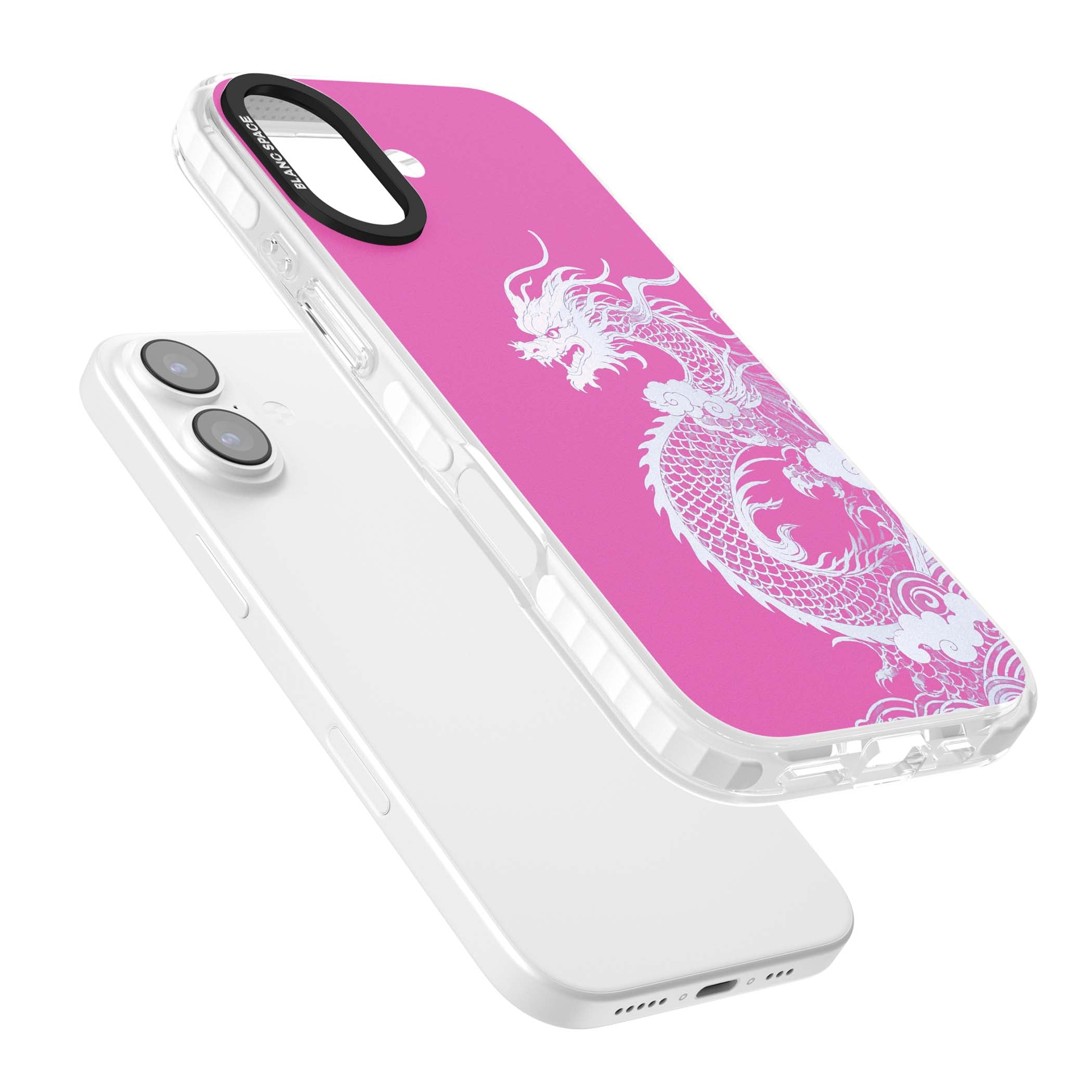 Pink Empress chinese dragon iPhone case featuring a white dragon, swirling clouds and pink dragon wallpaper backdrop | Black Impact case for iPhone 17