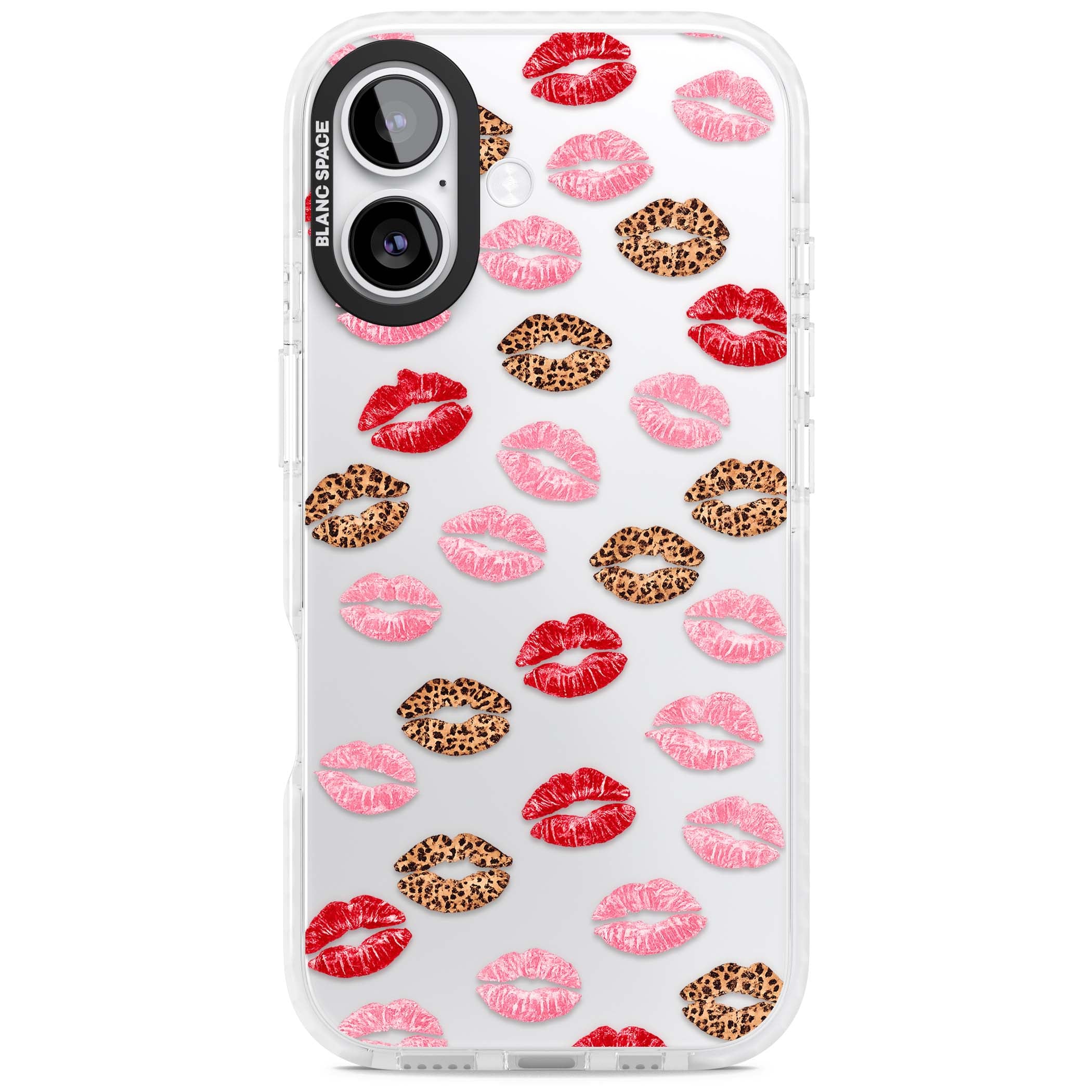Wild Kisses coquette iPhone case featuring red, pink and leopard print lipstick kiss marks on a clear background | Black Impact case for iPhone 17