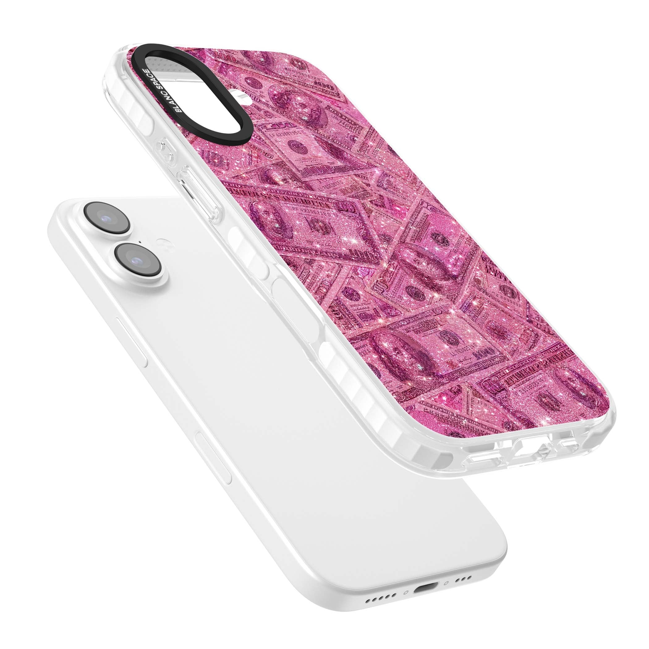 Glamorous baddie iPhone case featuring pink glitter hundred dollar bills and sparkling money wallpaper design | Black Impact case for iPhone 17