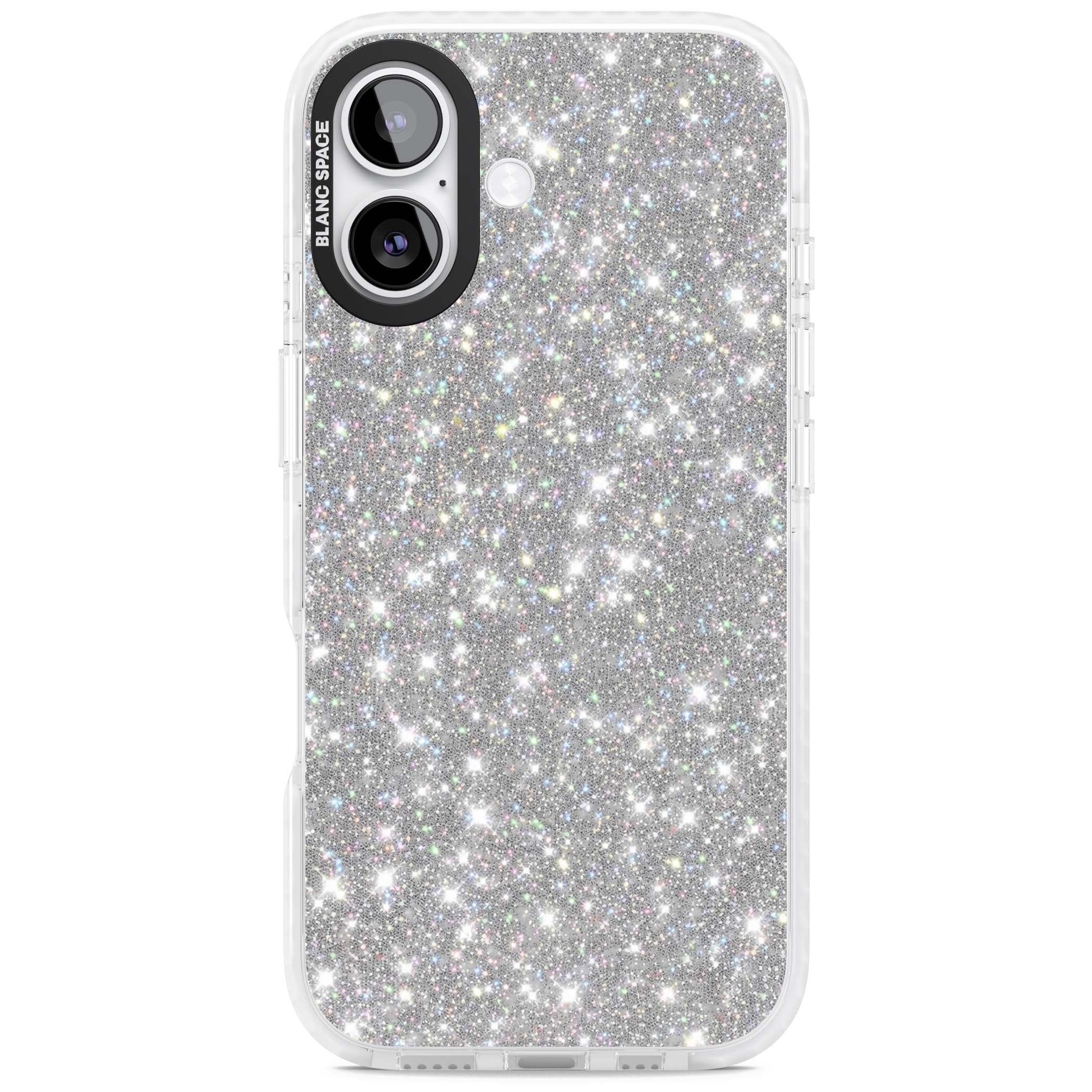 Diamond glam iPhone case featuring silver glitter sparkle and shimmering diamond dust effect | Black Impact case for iPhone 17