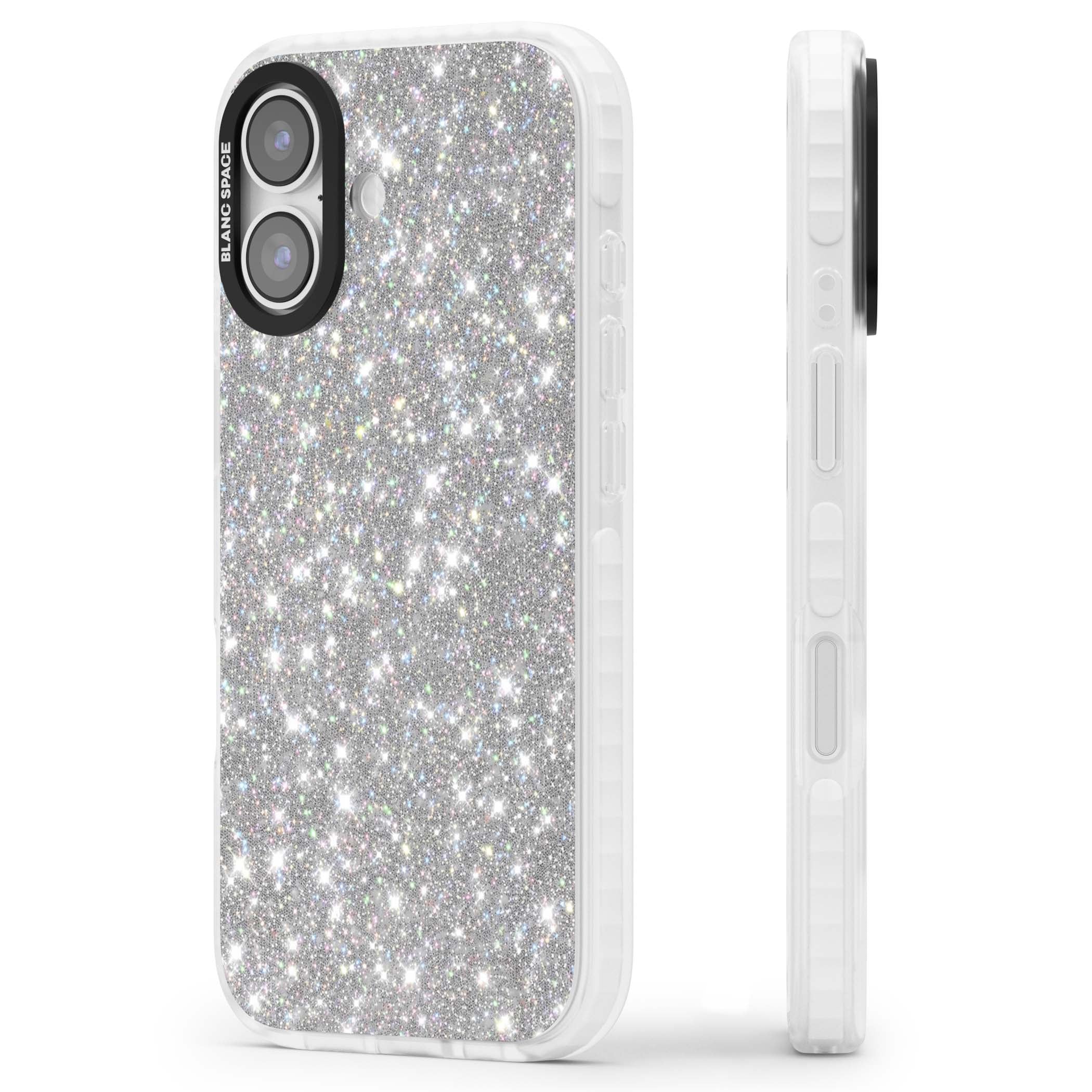Diamond glam iPhone case featuring silver glitter sparkle and shimmering diamond dust effect | Black Impact case for iPhone 17