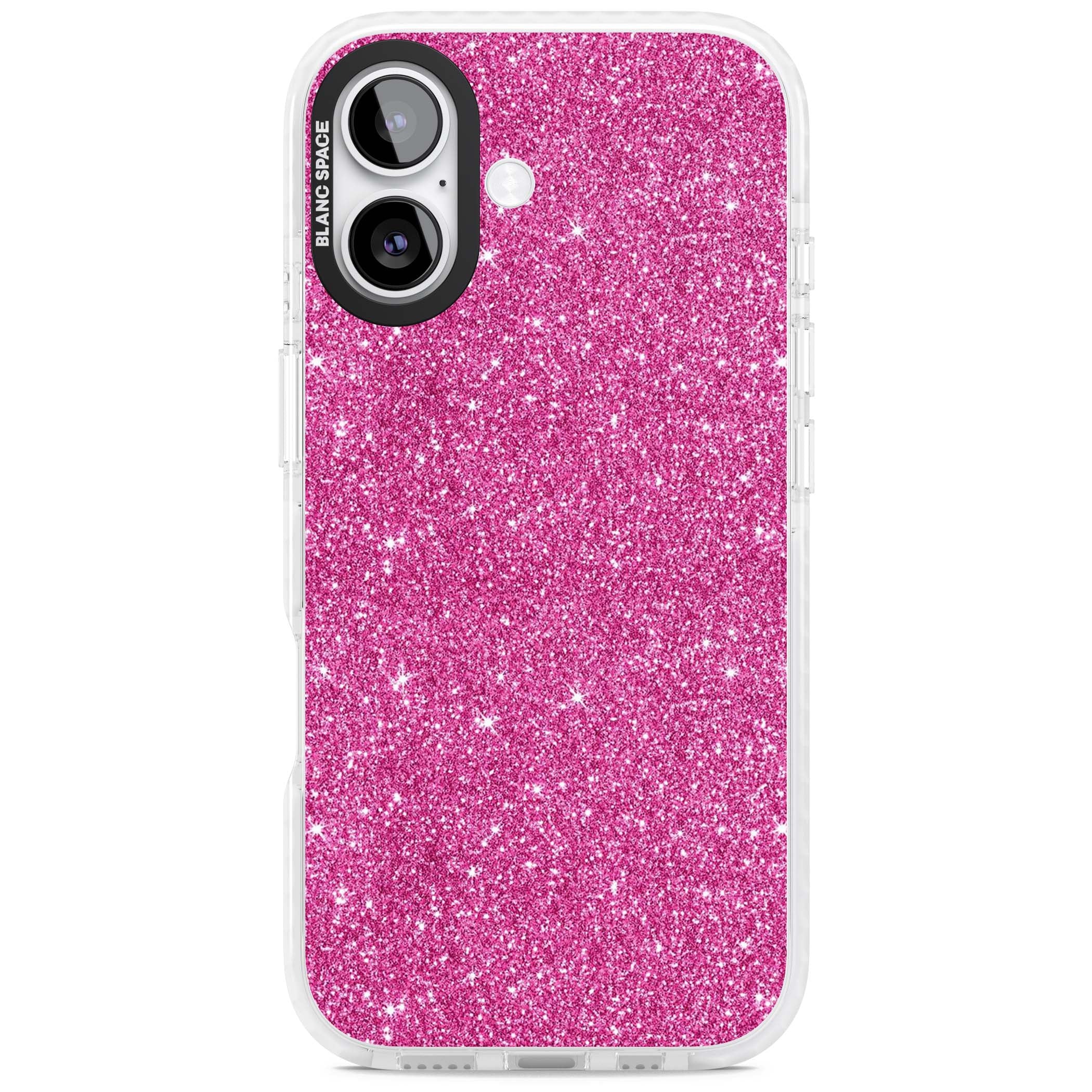 Pink Glitter Y2K iPhone case featuring hot pink glitter wallpaper with sparkle shimmer effect | Black Impact case for iPhone 17