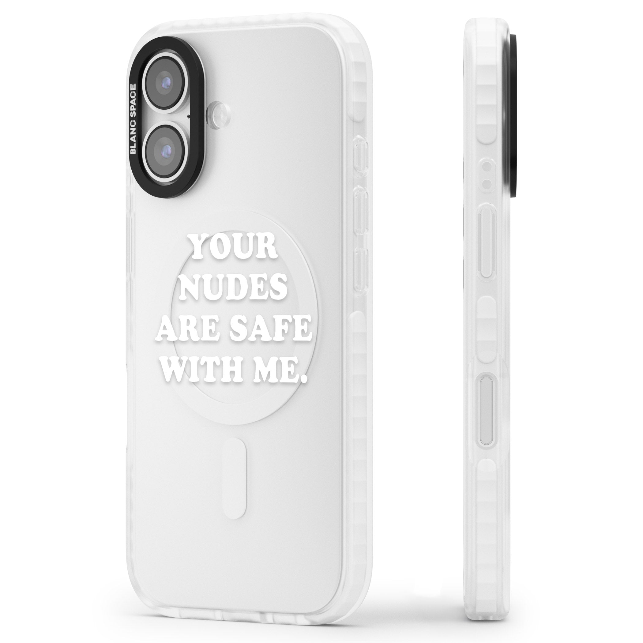 Your Nudes Are Safe White iPhone 17 Impact Clear Phone Case Side Profile