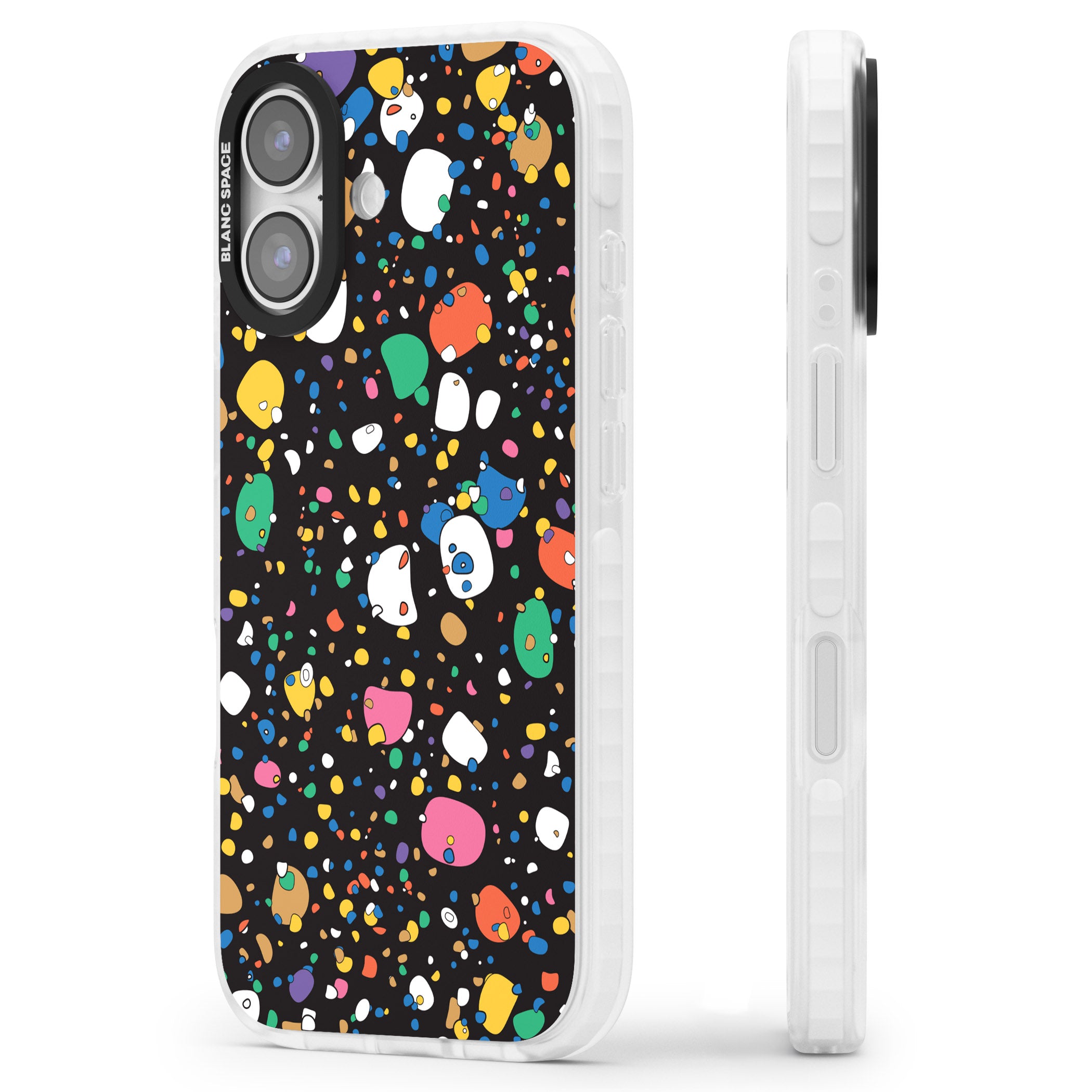 Colourful Confetti Pebbles (Black) iPhone 17 Impact Clear Phone Case Side Profile