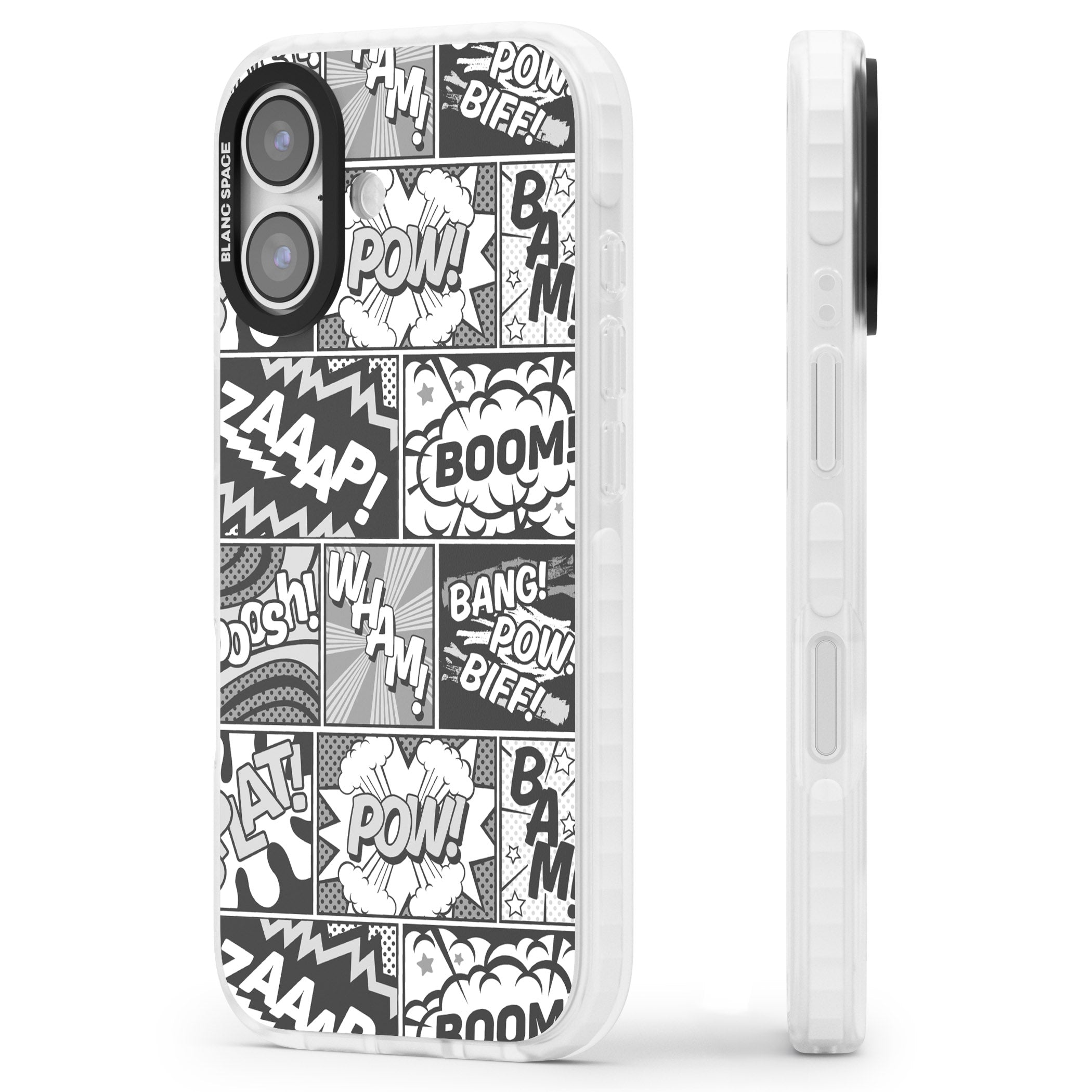 Onomatopoeia (Black & White) iPhone 17 Impact Clear Phone Case Side Profile