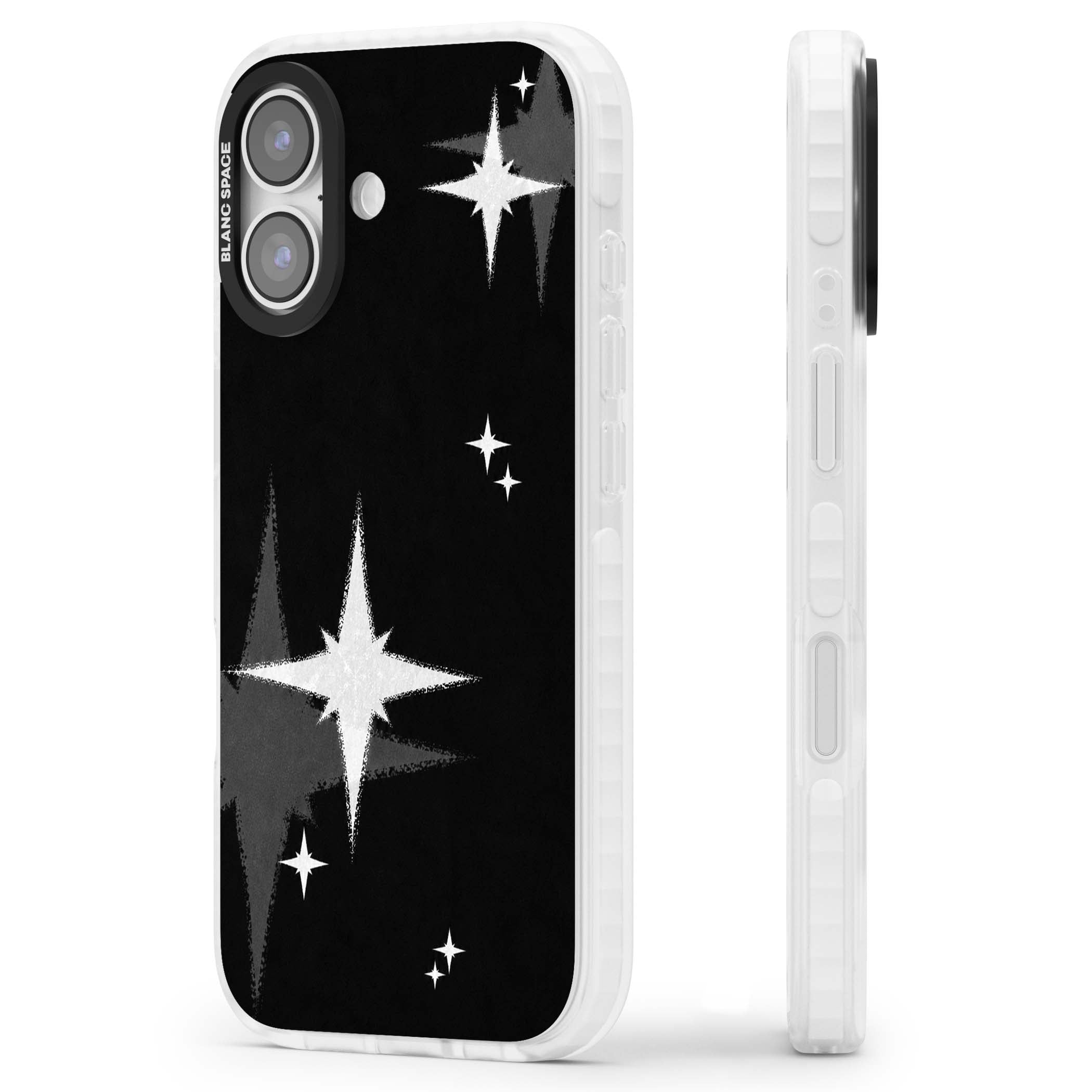 Black Sparkle celestial iPhone case featuring white sparkle stars on a black night sky background | Black Impact case for iPhone 17