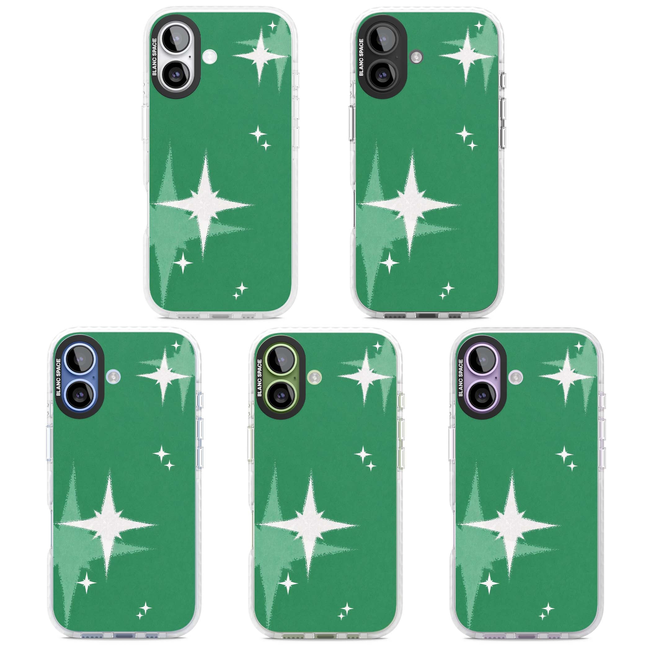 Green Sparkle celestial iPhone case featuring sparkling white four-point stars on a deep green background | Black Impact case for iPhone 17