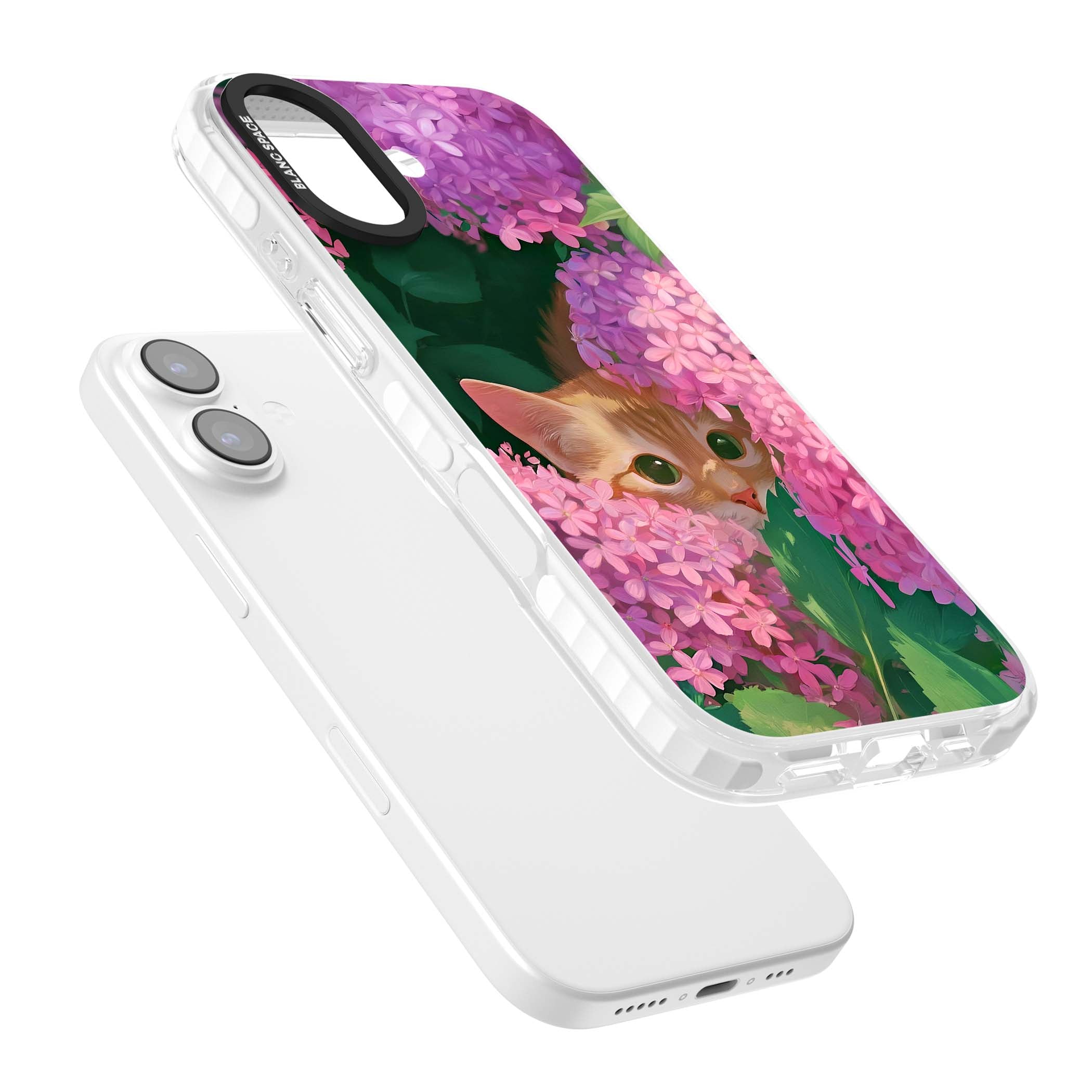 Cat In Pink Flowers cottagecore iPhone case featuring a ginger kitten peeking through lilac and pink hydrangea flo | Black Impact case for iPhone 17