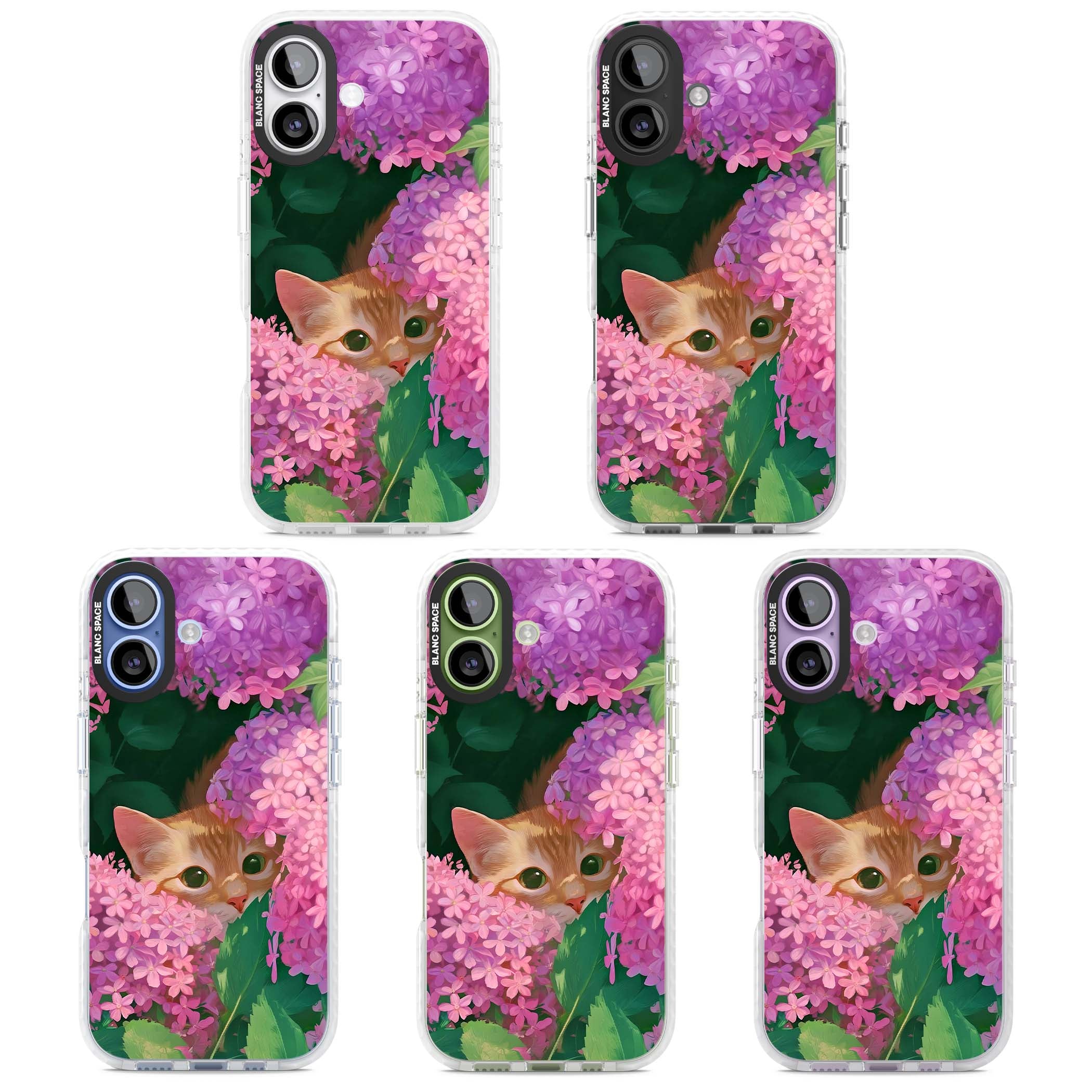 Cat In Pink Flowers cottagecore iPhone case featuring a ginger kitten peeking through lilac and pink hydrangea flo | Black Impact case for iPhone 17