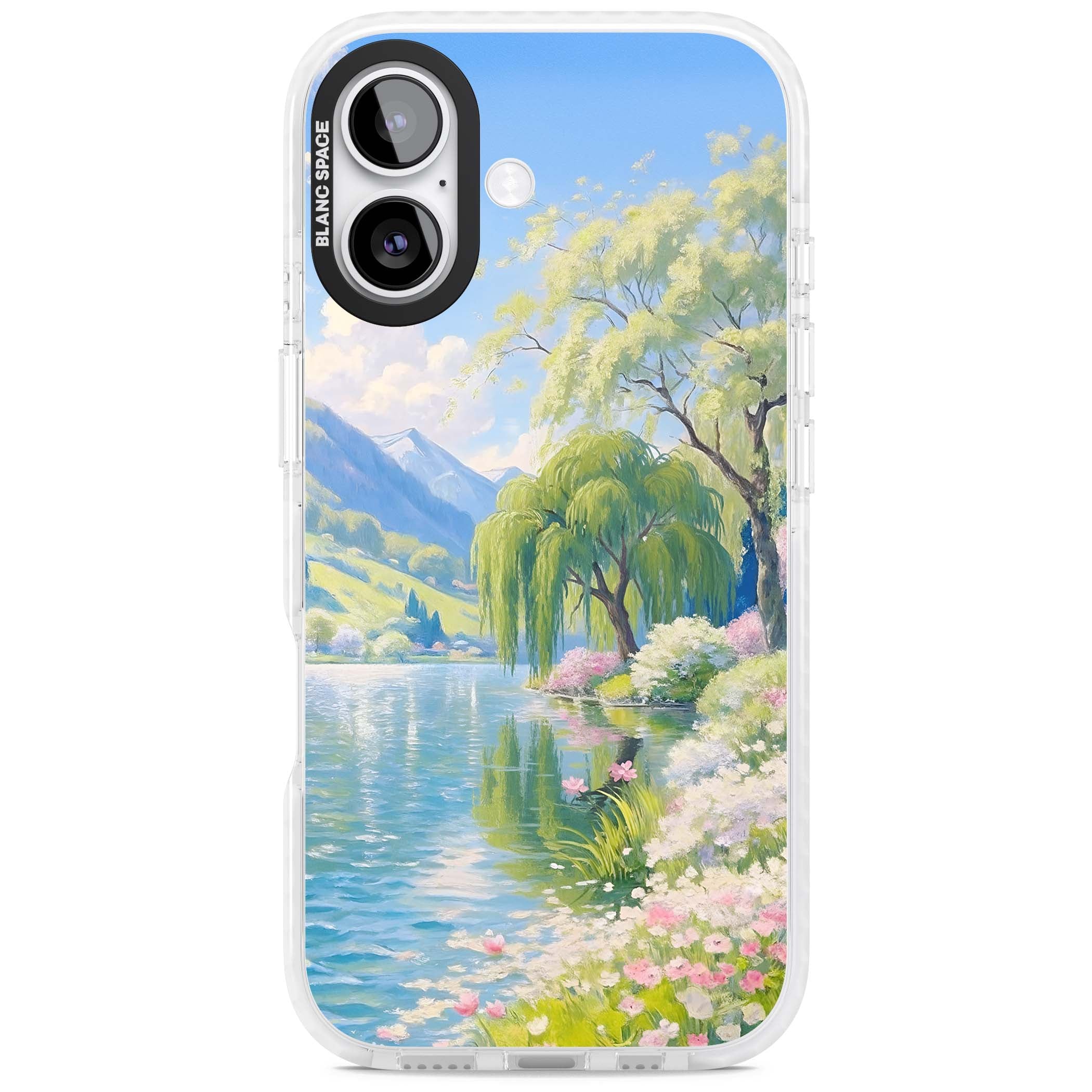 Willow Lake cottagecore iPhone case featuring a painted lakeside with weeping willow, blossoms and distant mountains | Black Impact case for iPhone 17