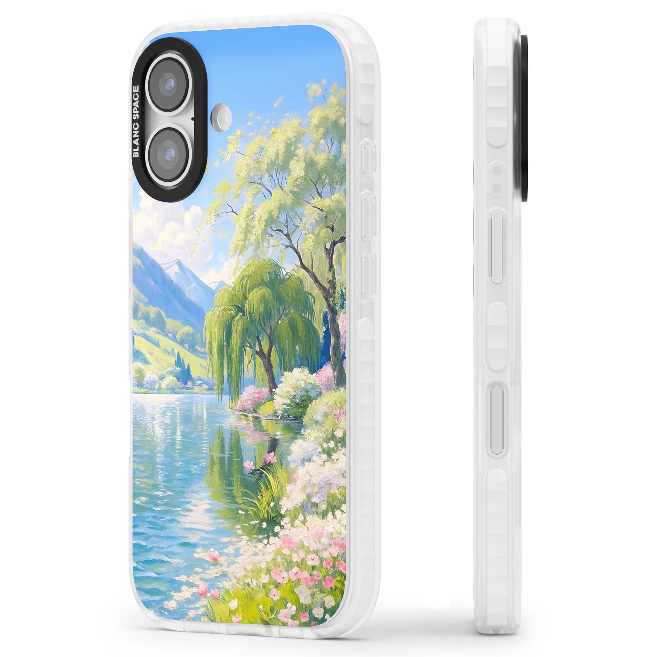 Willow Lake cottagecore iPhone case featuring a painted lakeside with weeping willow, blossoms and distant mountains | Black Impact case for iPhone 17