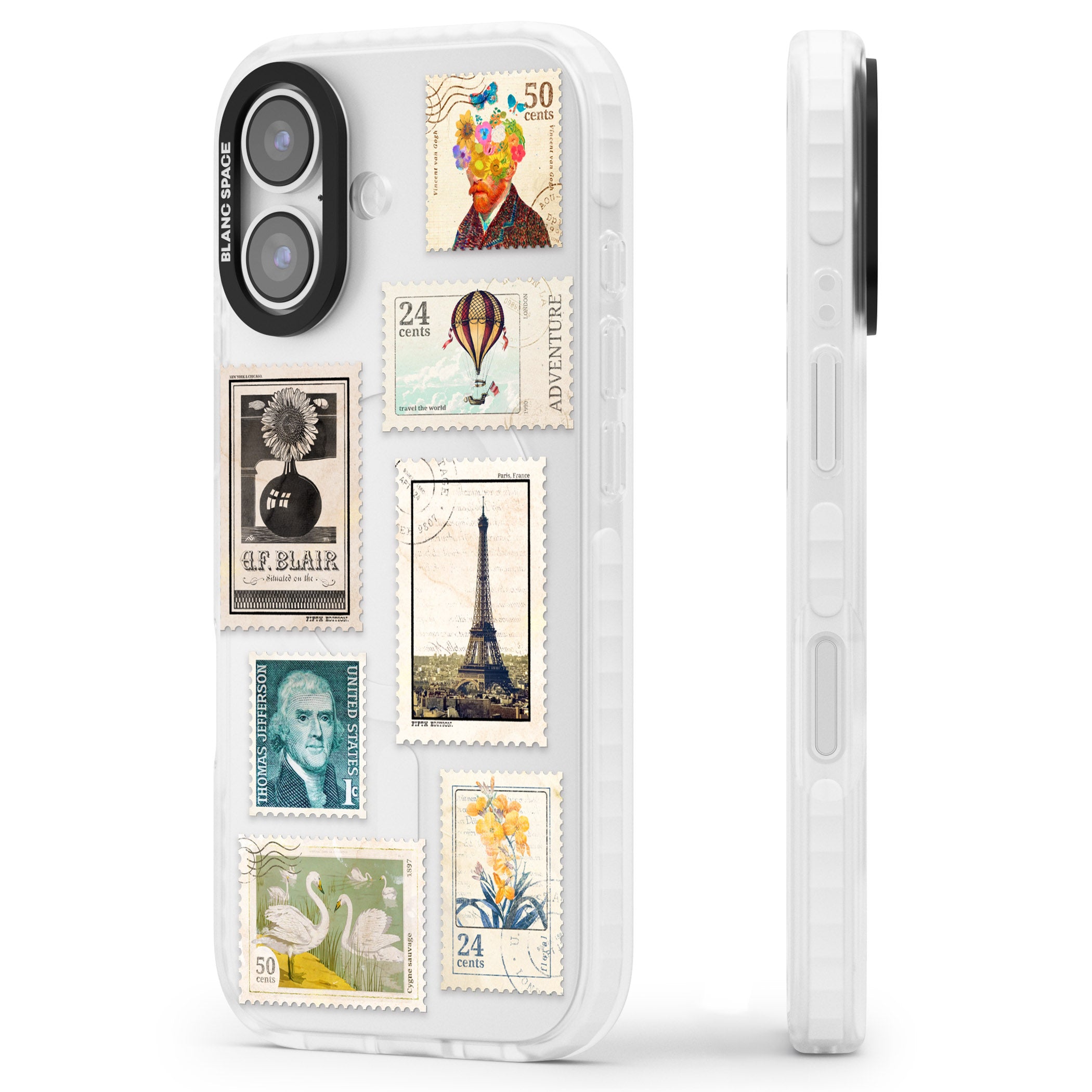 Vintage Stamps iPhone 17 Impact Clear Phone Case Side Profile