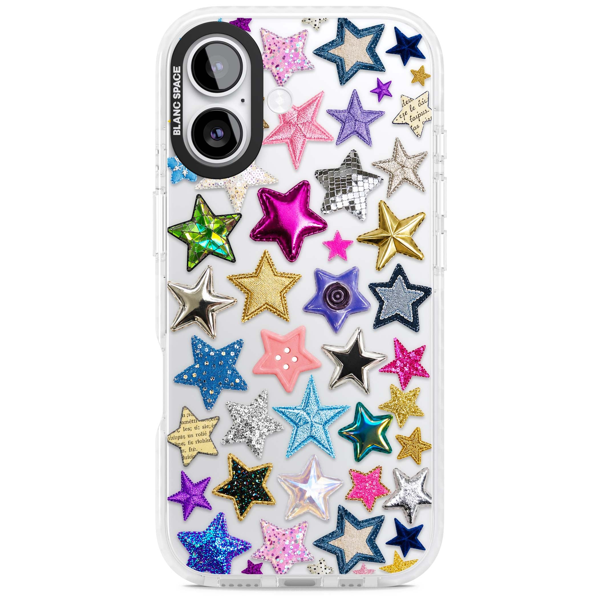 Crafty Star Mix Y2K iPhone case featuring embroidered, sequinned and glitter star patches in rainbow colours | Black Impact case for iPhone 17