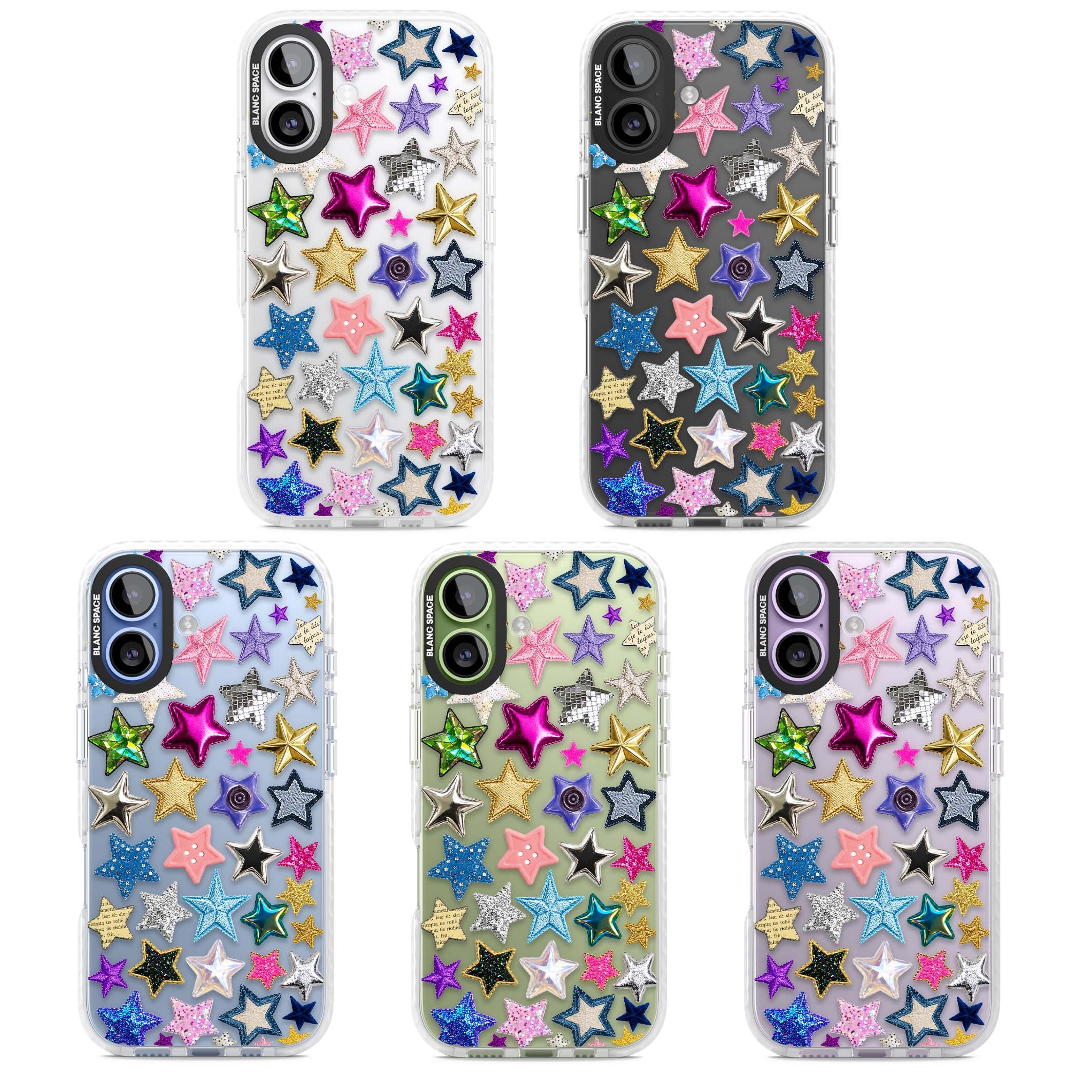 Crafty Star Mix Y2K iPhone case featuring embroidered, sequinned and glitter star patches in rainbow colours | Black Impact case for iPhone 17