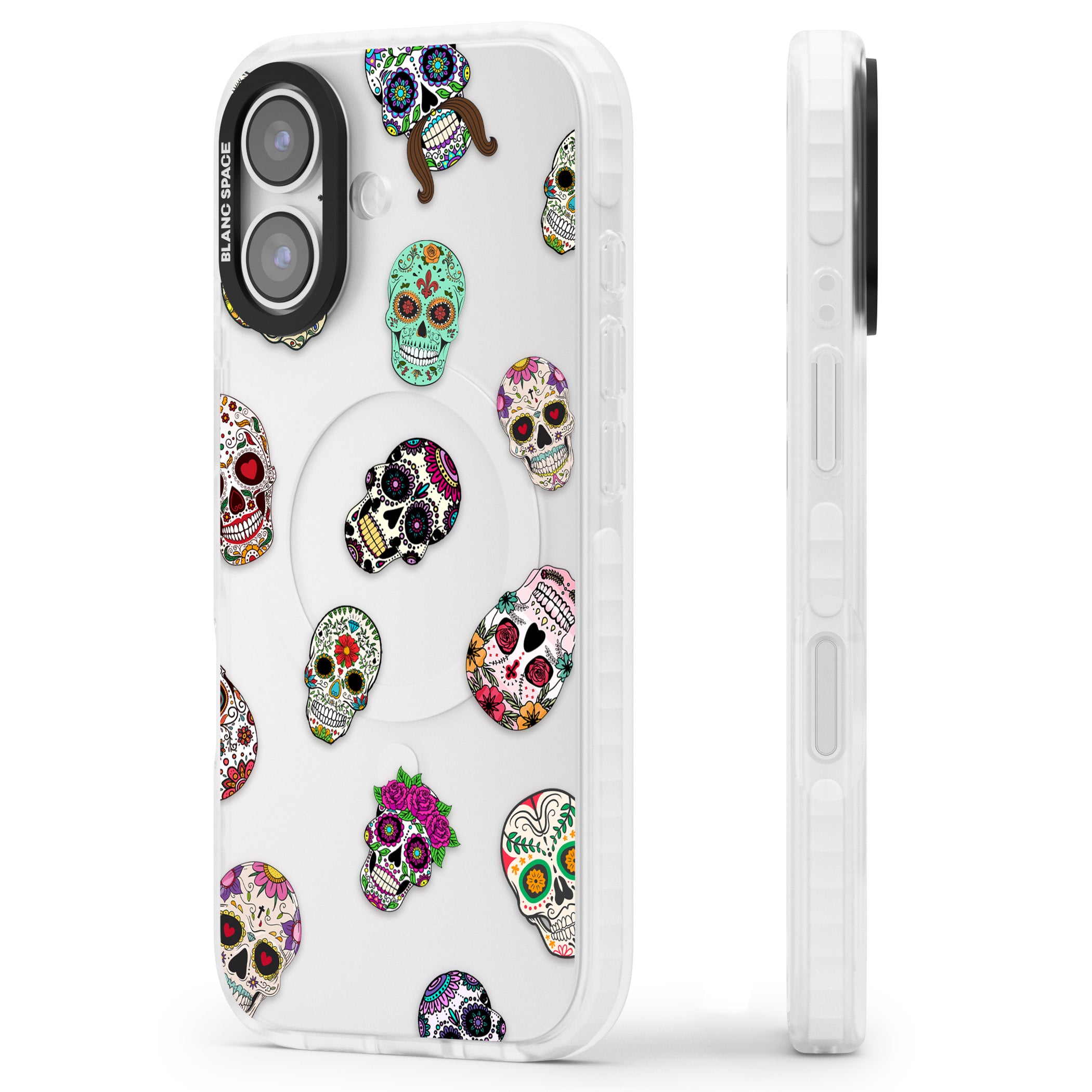 Mixed Sugar Skull Pattern iPhone 17 Impact Clear Phone Case Side Profile