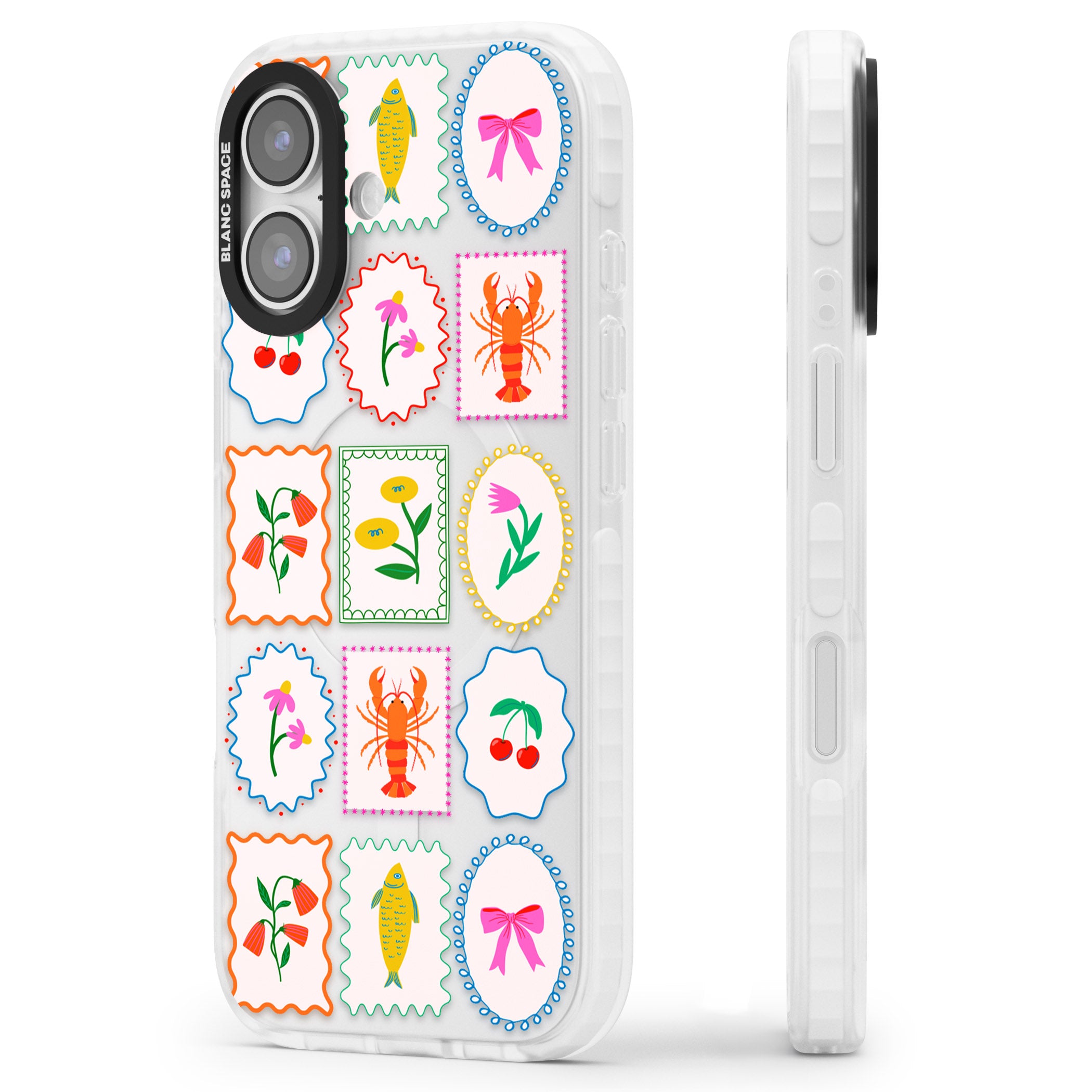 Floral Seafood Stamps iPhone 17 Impact Clear Phone Case Side Profile