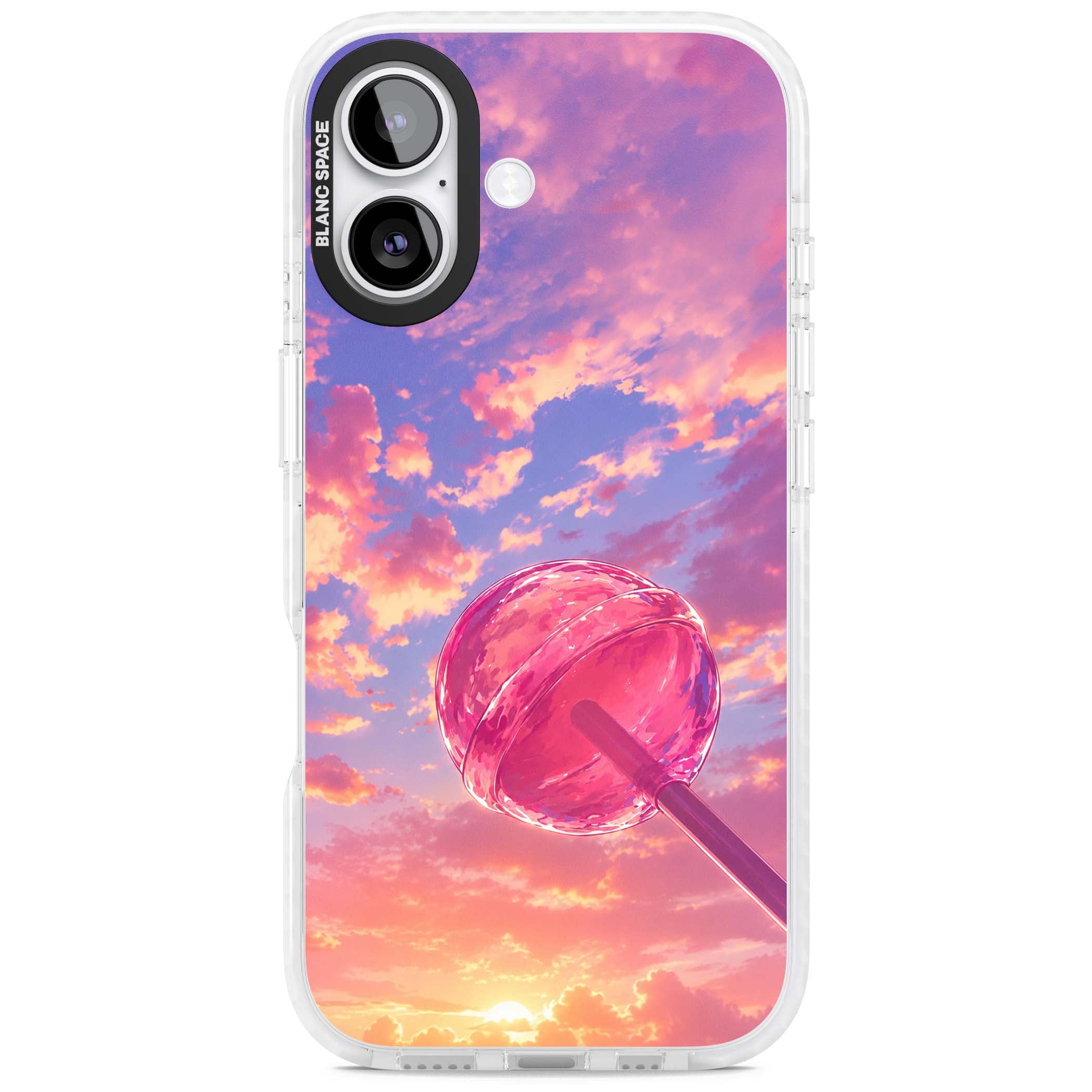 Sugar Sunset candy aesthetic iPhone case featuring a pink lollipop, pastel sunset sky and dreamy clouds | Black Impact case for iPhone 17