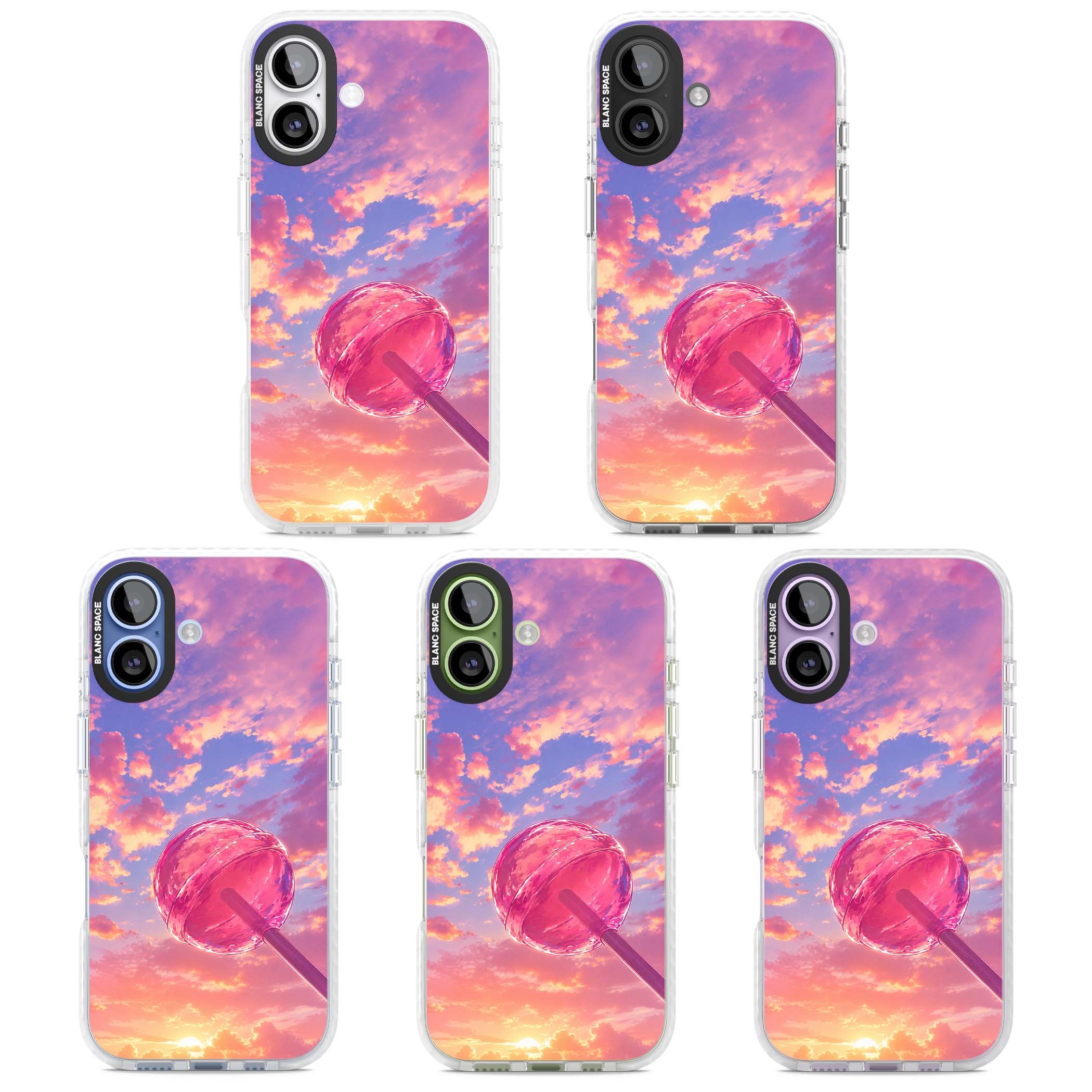 Sugar Sunset candy aesthetic iPhone case featuring a pink lollipop, pastel sunset sky and dreamy clouds | Black Impact case for iPhone 17