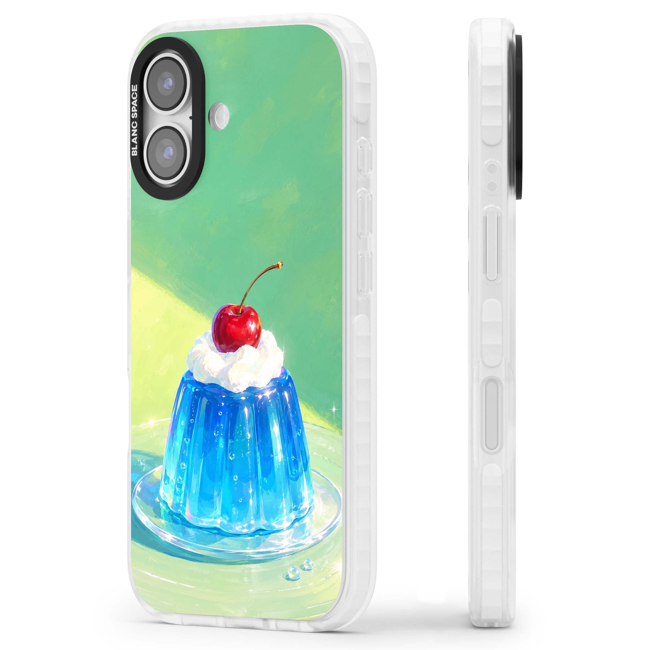 Cherry Jelly kawaii dessert iPhone case featuring blue jelly pudding, whipped cream and a red cherry | Black Impact case for iPhone 17